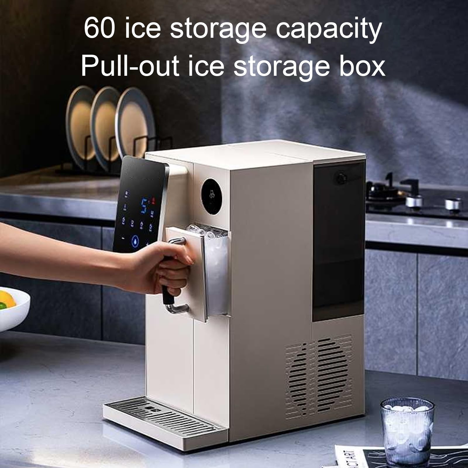 3 in 1 Countertop Water Cooler with Ice Maker 10-12 Minutes Ice Making Water Dispenser Intimate Night Light 60 Ice Storage Capacity for Home Office