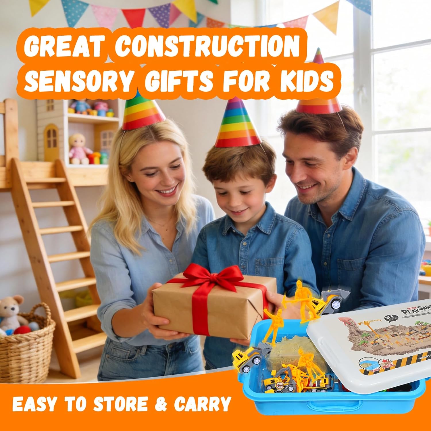 Construction Sensory Bin with Lid, 2.2lbs Magic Sand & 5 Construction Trucks, Sensory Sand Kit Construction Toys for 3 4 5 6 7 8+ Year Old Boys Toddlers Christmas Birthday Gift