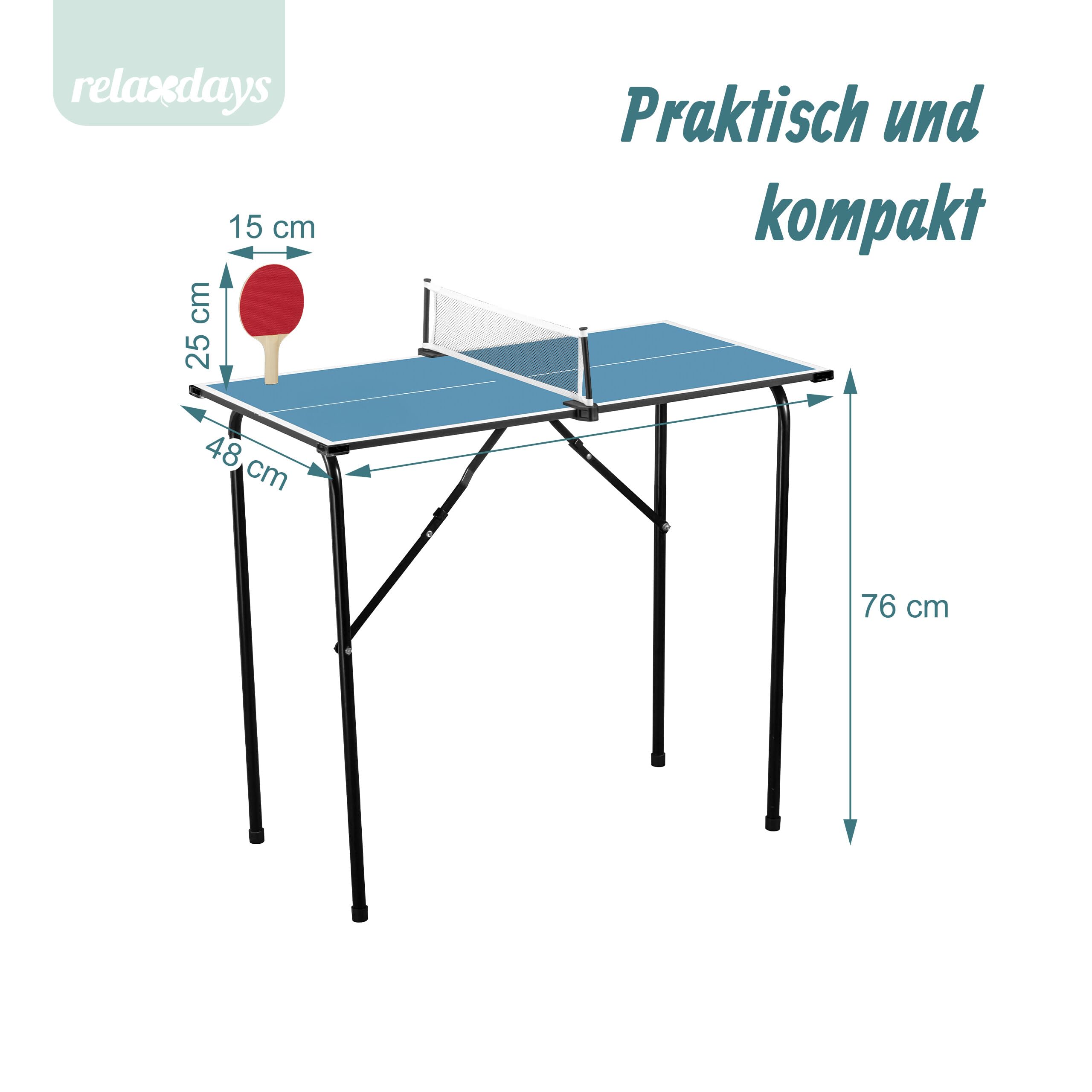 Relaxdays Mini Tischtennisplatte, klappbar, Indoor Tischtennistisch, platzsparend, HBT: 76x88x48 cm, MDF & Stahl, blau