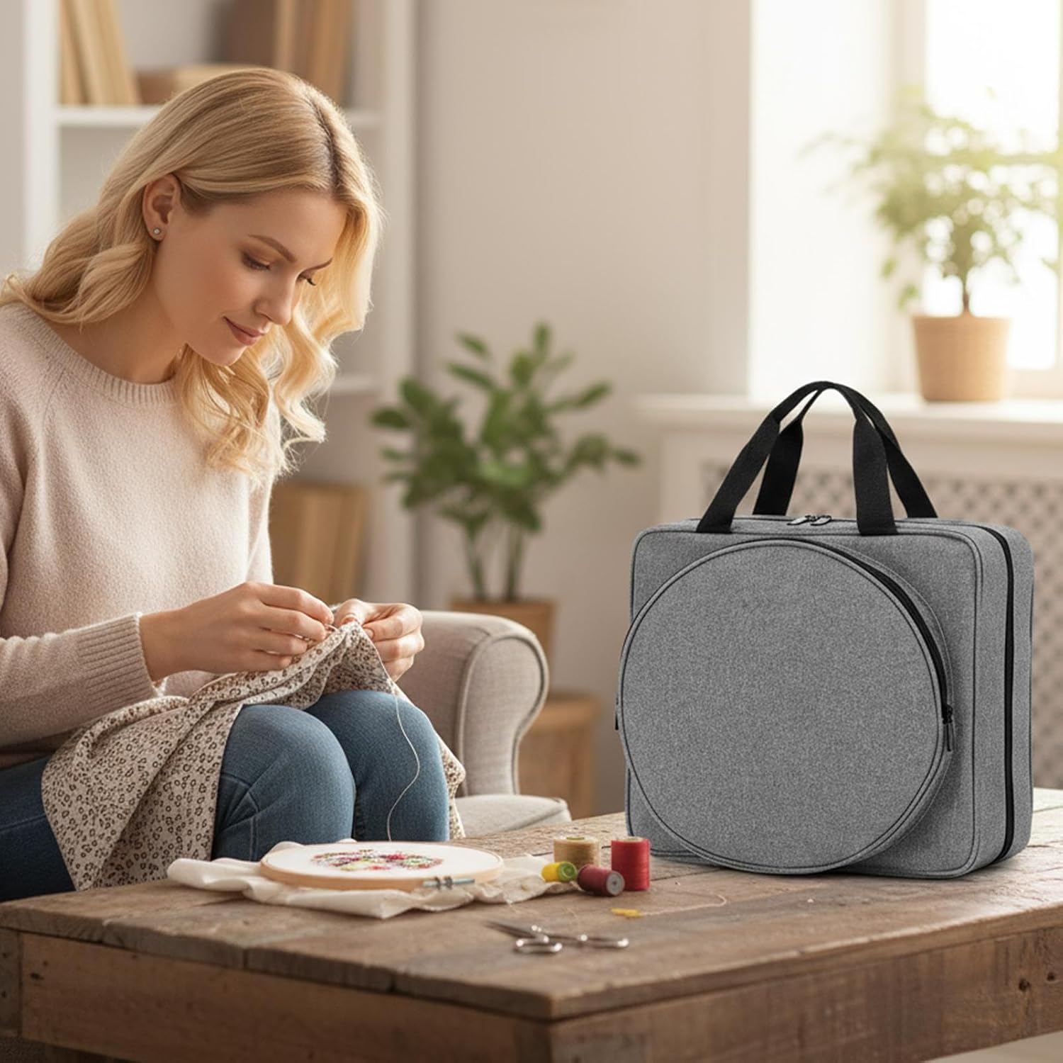 Multi Pocket Sewing Bag, Embroidery Project Organizer, Double Handle Craft Tote with Easy Carry Feature, Project Storage Bag with Sturdy Material, Embroidery Bags for Beginners and Students