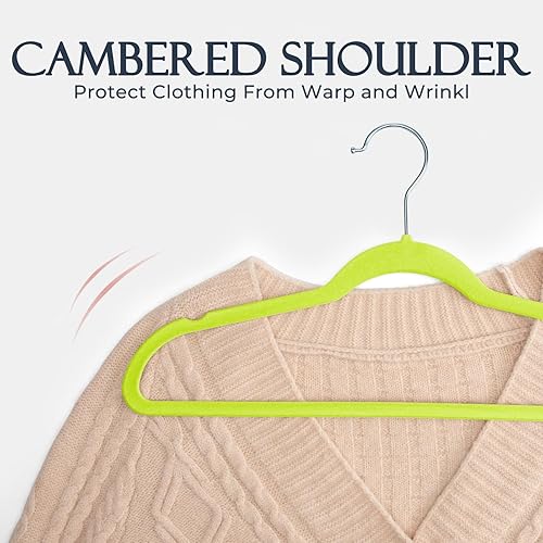 Miniatura 5 de HOUSE DAY Paquete de 60 perchas de terciopelo verde vibrante, perchas de fieltro antideslizantes resistentes para abrigos, perchas delgadas de alta