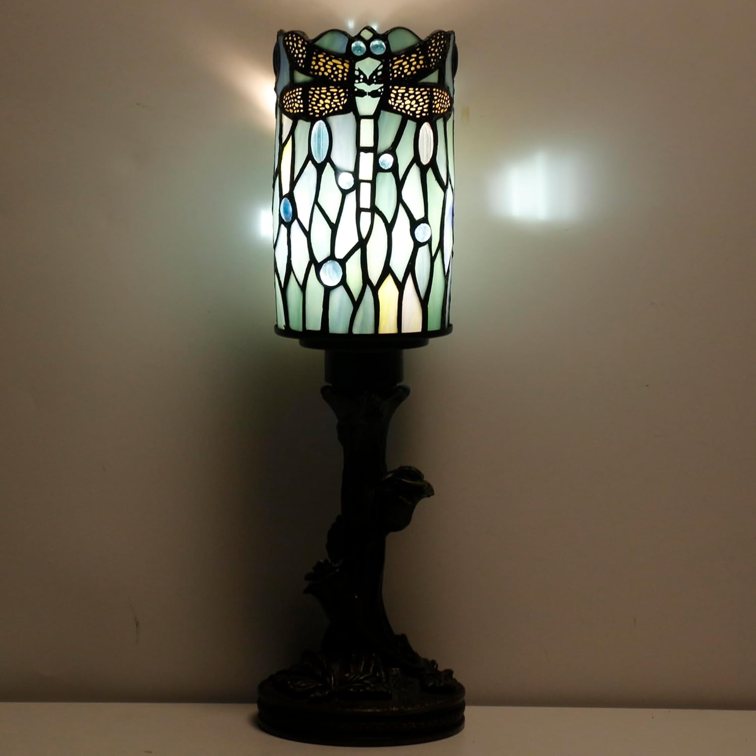 Tiffany Small Table lamp Stained Glass Candlestick Rose Base Table lamp Memory lamp Consolation lamp 4x15 Inch (sea Blue Dragonfly Style)