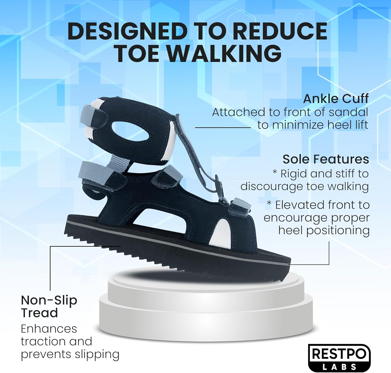 Restpo Toe Walking Sandals for Kids with Idiopathic Toe Walking (ITW) – Orthopedic Sandals for Toddlers with Adjustable Straps, Rigid Sole and Non-Slip Tread for Tip Toe Walking Correction - Size 7