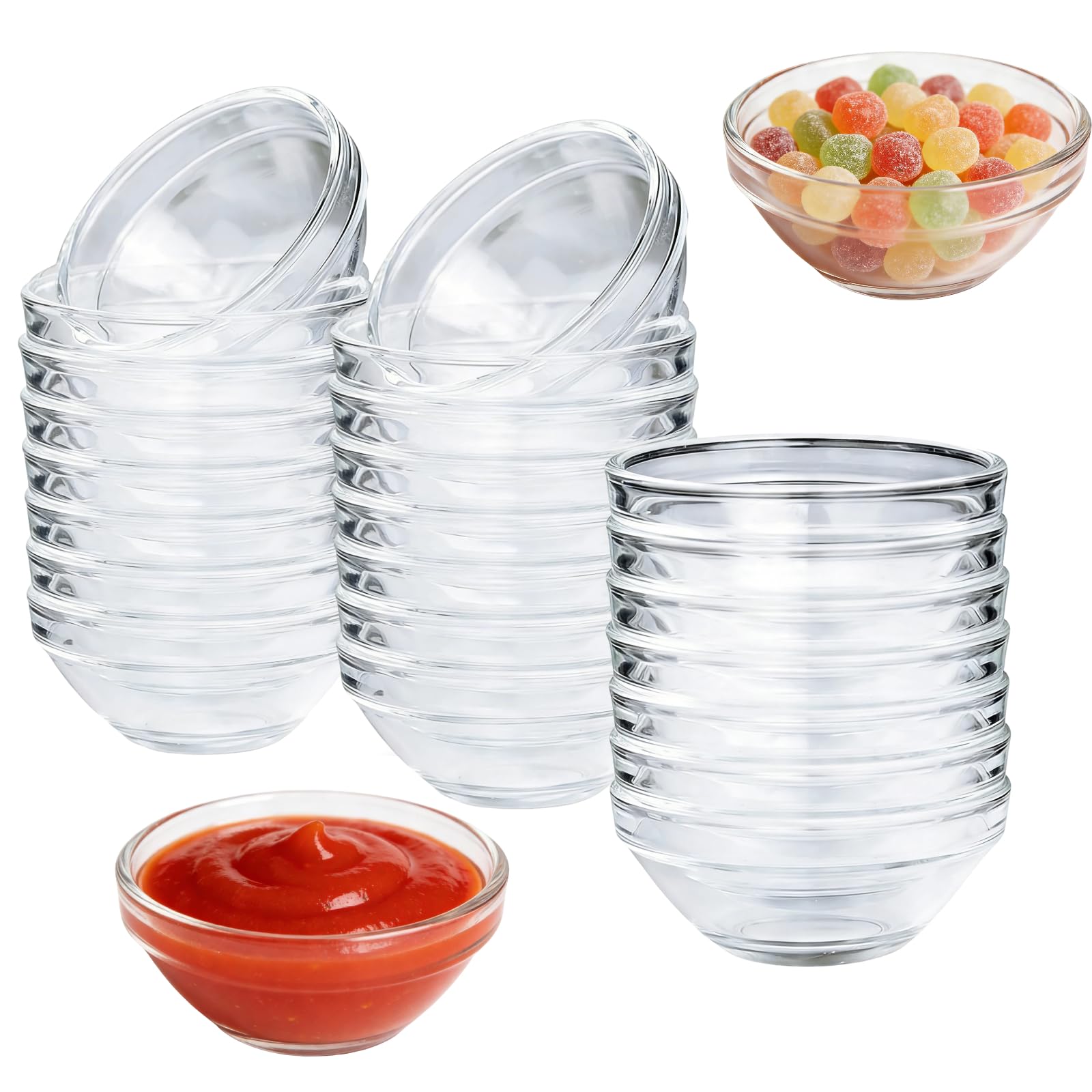 Set da 24 Ciotole Piccole di Vetro Trasparente, 6.2x2.8cm, Ciotole per Salse e Condimenti, Mini Ciotole per Marmellata e Olio, Aceto, Spezie per Casa e Ristorante, Eleganti e Resistenti