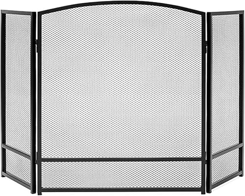 Miniatura 2 de 3 paneles de pantallas plegables para chimenea, de hierro forjado, cubierta de malla sólida, color negro, totalmente abierto, 53.5 pulgadas