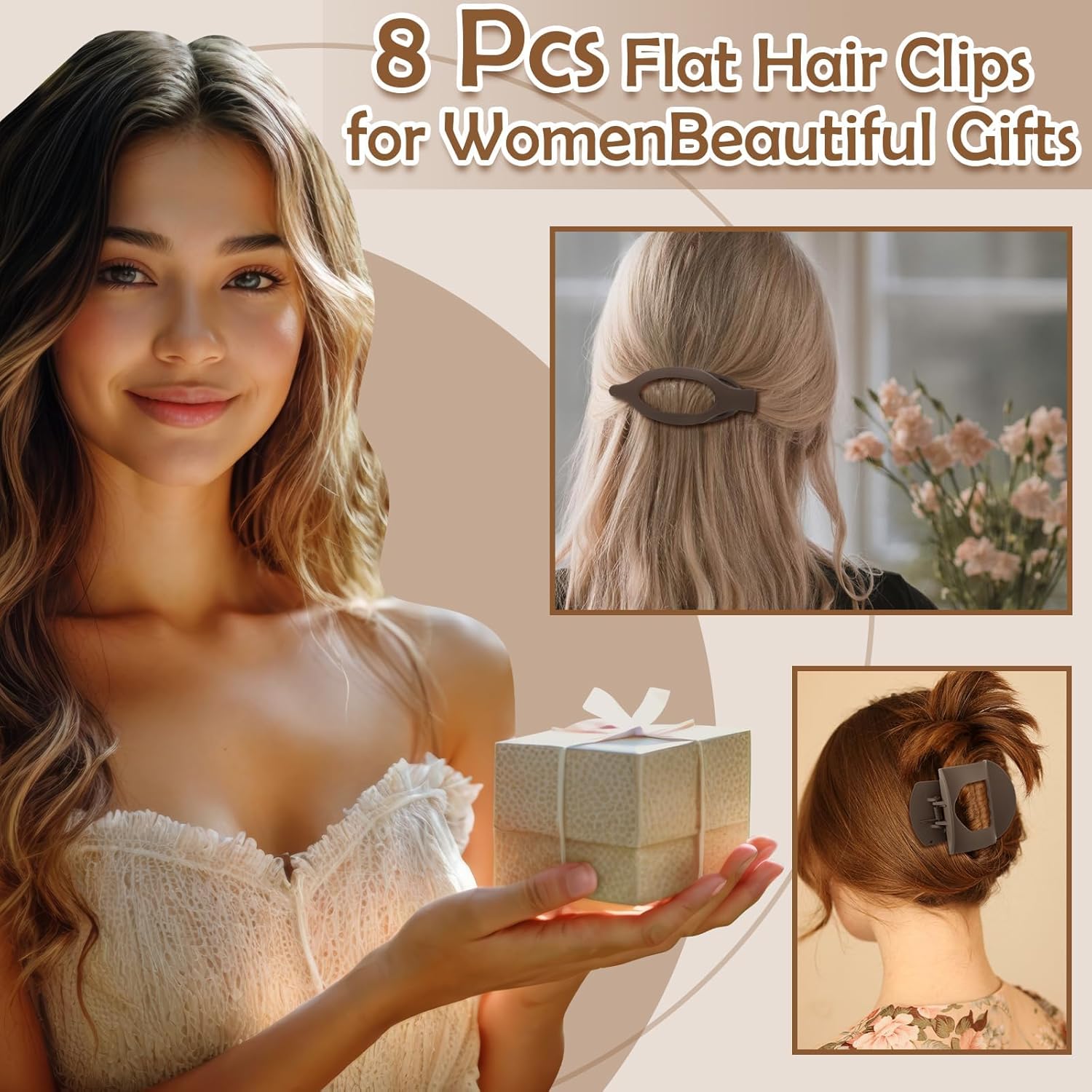 8 Pcs French Flat Hair Clips for Women, 2 Styles Large Matte No Slip Strong Hold Flat Claw Clips for Thick Thin Hair (Neutral Color) - Image 3