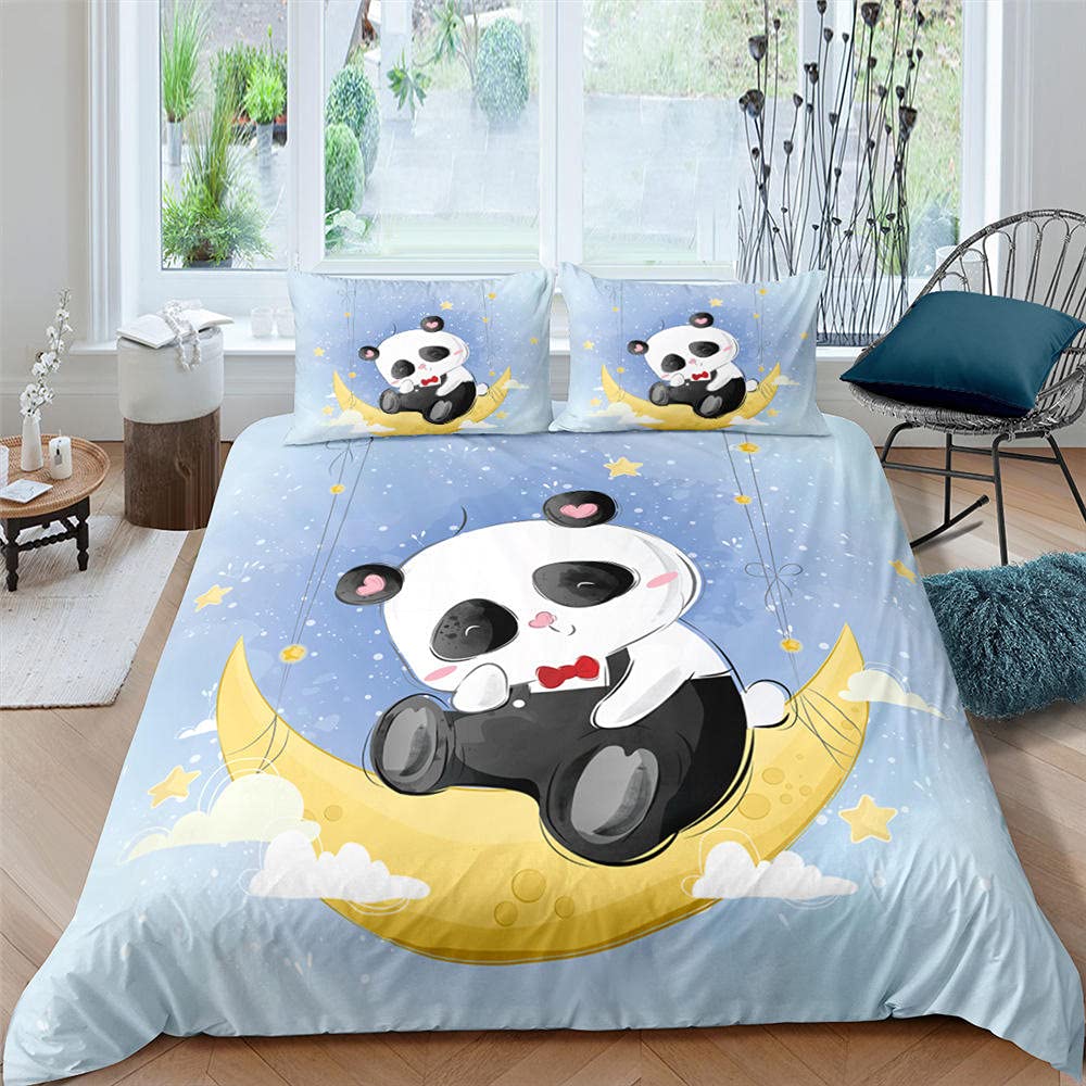 Komplet pościeli 200 x 220 Księżyc Panda, pościel z mikrofibry, 1 poszwa na kołdrę z zamkiem błyskawicznym + 2 poszewki na poduszkę 80 x 80 cm