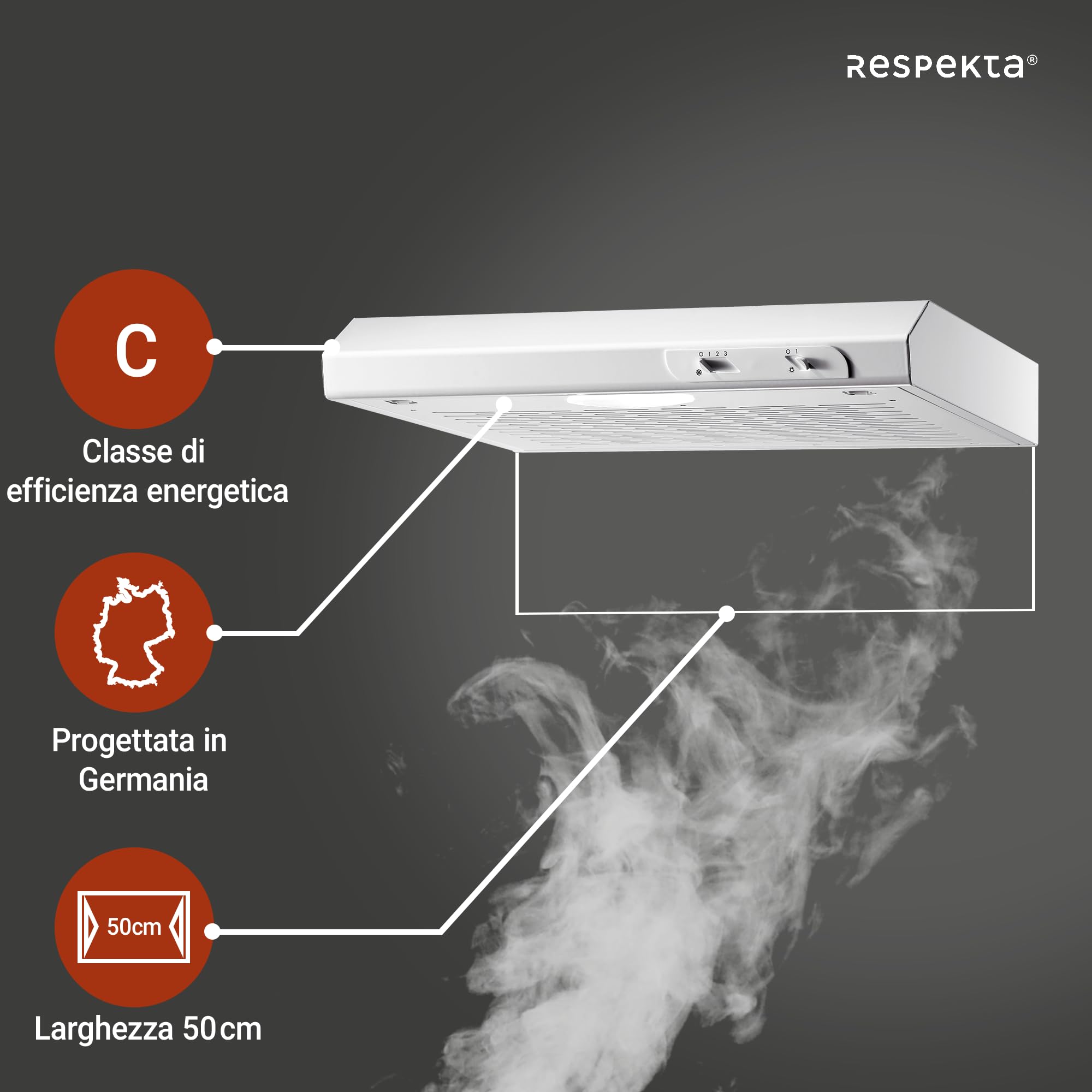 Respekta Cappa aspirante da incasso/cappa aspirante da incasso 50 cm/struttura in metallo/funzione di espulsione e ricircolo dell'aria / DH520WL / C / 52 – 68 dB