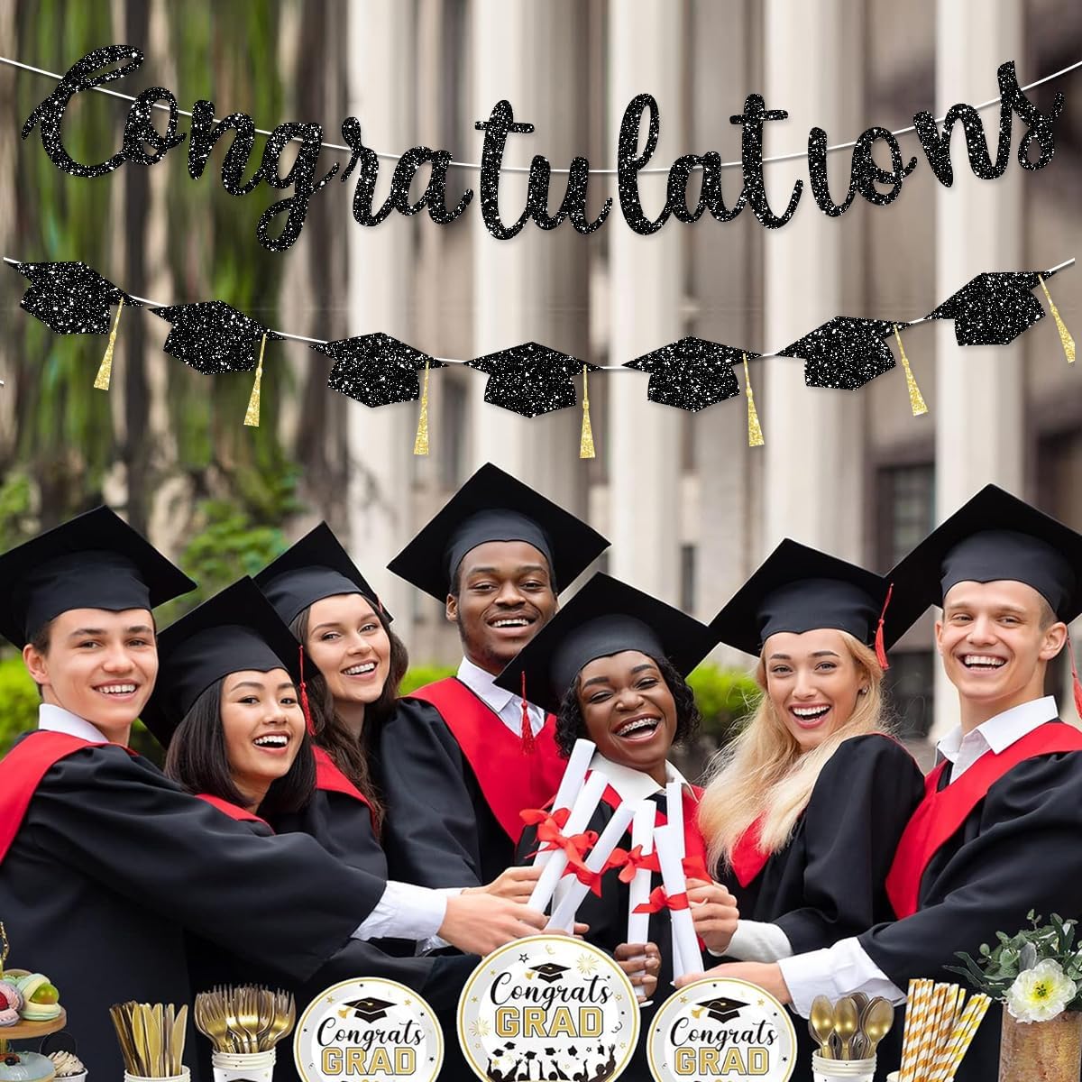 Pre Strung Congratulations Decorations Banner Graduation Class of 2026 Black Glitter Congrats Grad with Tassel Party Decor College High School Favors Black NO DIY - Image 5