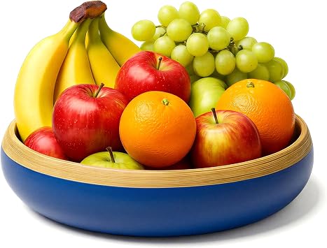 Jungle Culture  Large Bamboo Fruit Bowl   Eco Friendly Wooden Salad Serving Bowls   Stylish Handmade Fruit or Salad Bowl in Blue   Wood Bread Basket for Kitchen   Table Centerpiece Decoration
