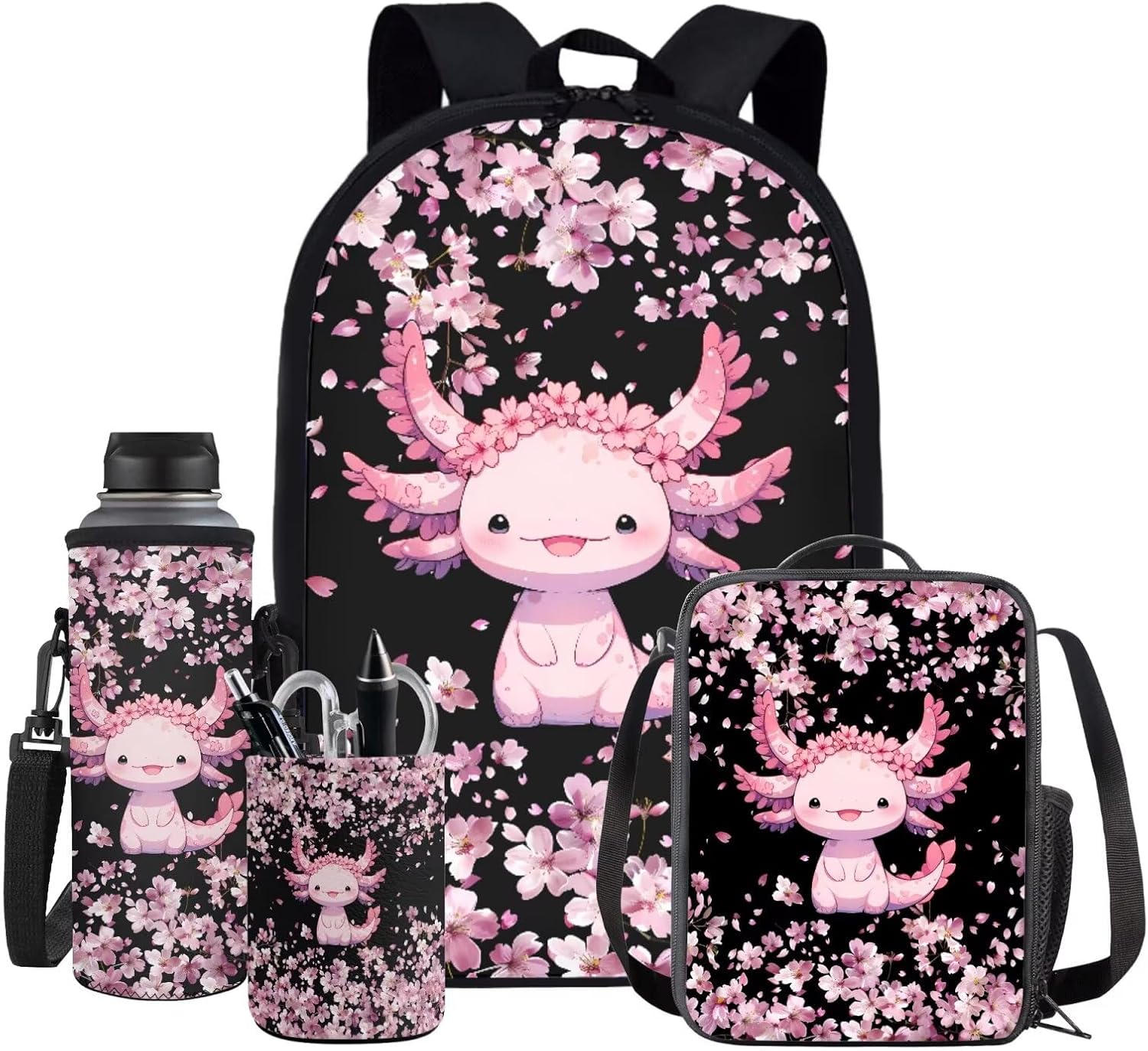 Ystardream Cute Axolotl Backpacks for Girls 10-12 for School with Lunch Box 4 Pcs Book Bag with Pen Holder Elemenatry Middle Back Packs Schoolbag for Kids Daypack Laptop Bags Cherry Blossom