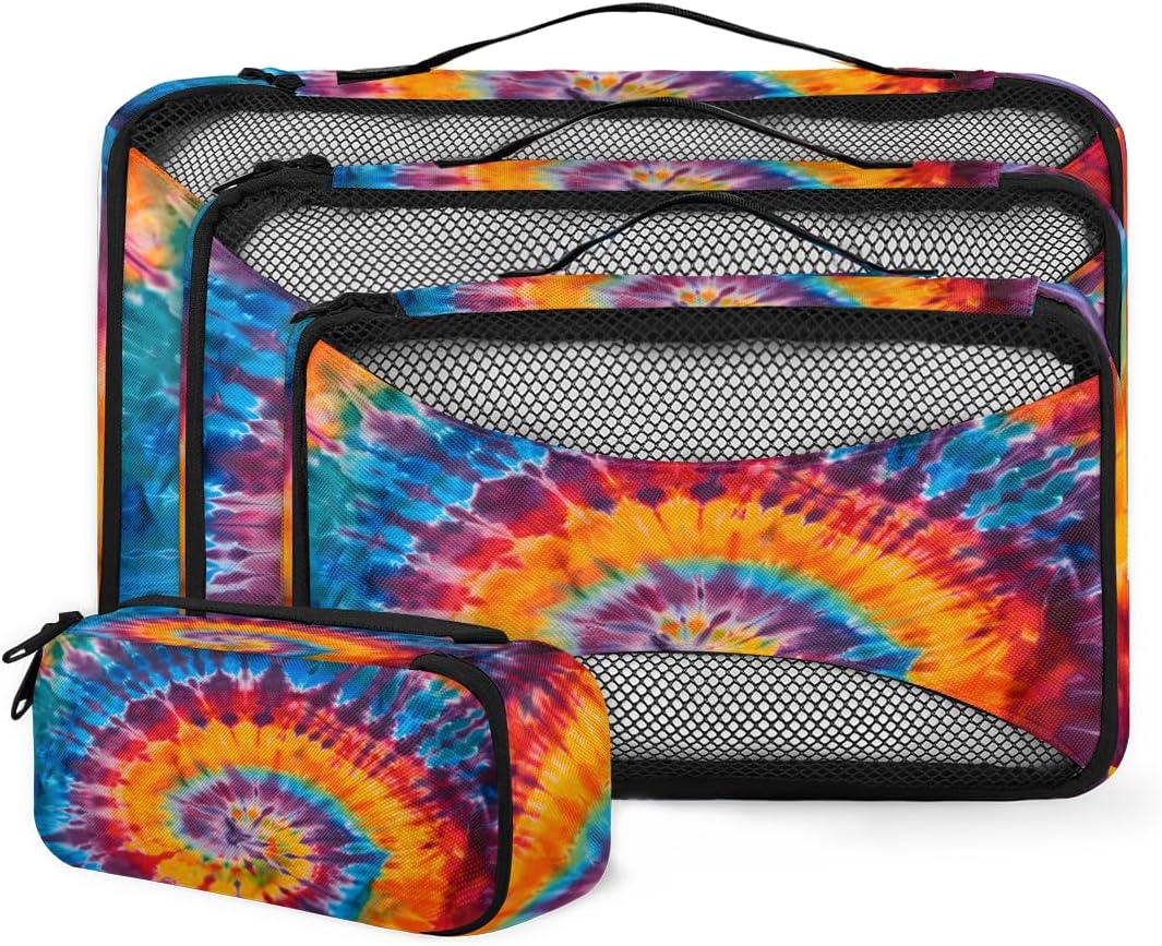 Colorful Tie Dye Rainbow Spiral 4 Set Packing Cubes Luggage Organizer Bags for Travel Accessories and Essentials