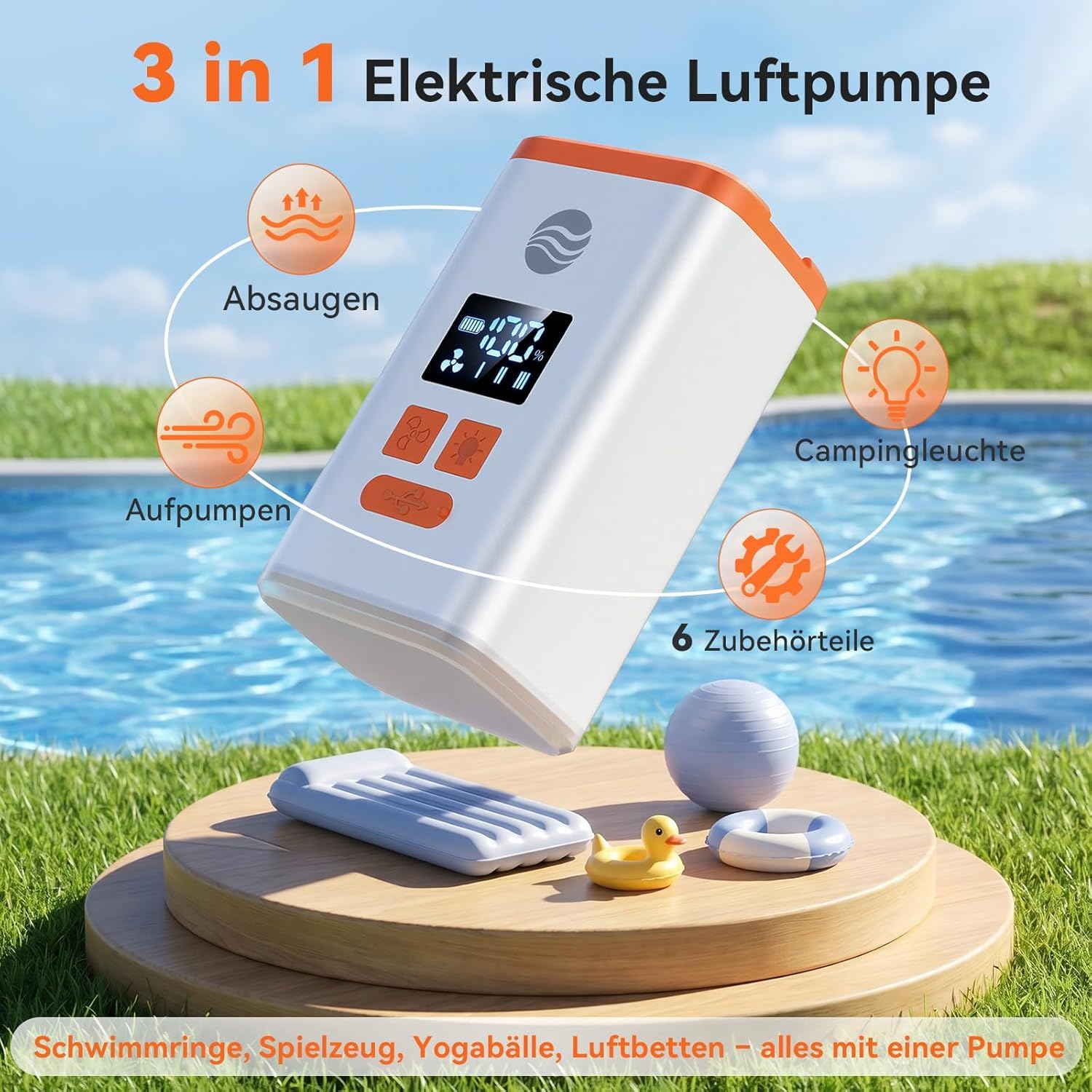 Mini Bomba Eléctrica de Aire 4.8 kPa, Inflador Eléctrico con Linterna de Camping, Inflado y Desinflado Rápido de 300L/min, Portátil para Camas Inflables Flotador Bolsas Vacío Ropa, Viajes y Aire Libre