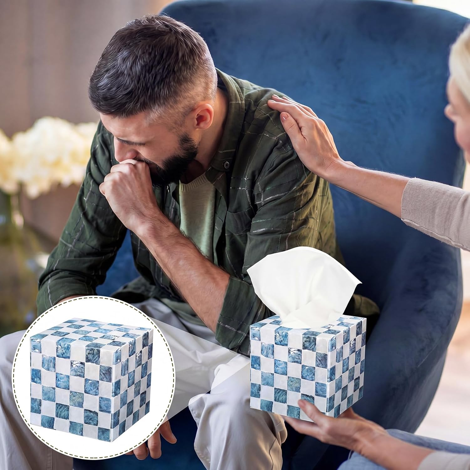 12 Pack Checkered Large Tissue Cube Boxes 3 Ply Facial Papers Large Tissues Boxes Cover Bulk Travel Size Face Facial Cube Pack Upright Face for Office Bathroom Kitchen Bedroom(Blue)
