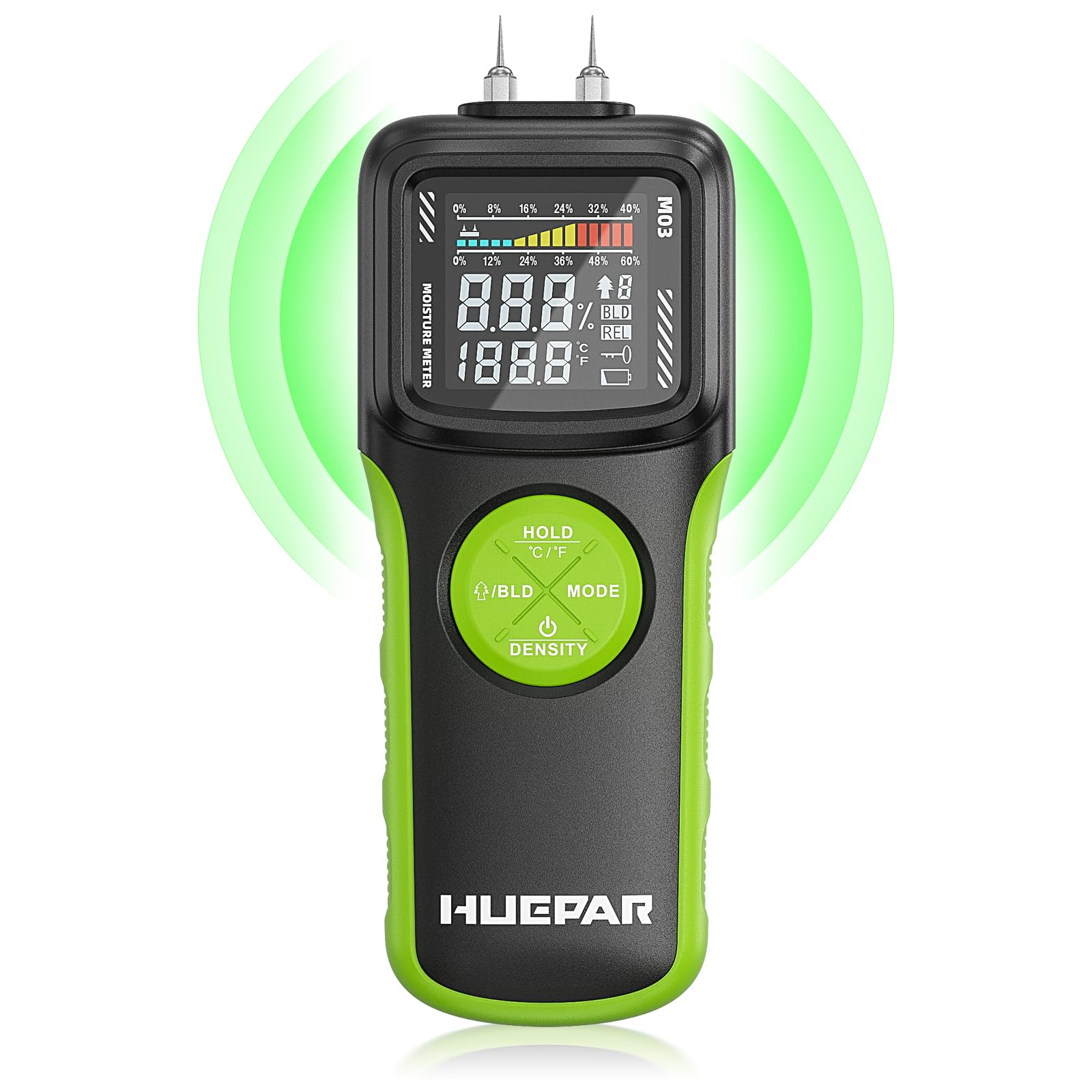 Misuratore di umidità – Huepar Igrometro Professionale con Modalità Pin e Senza Pin, Rilevatore di Umidità con Display LED e Allarme a 3 Colori, Igrometro Adatto per Pareti, Legno, Intonaco, Muratura