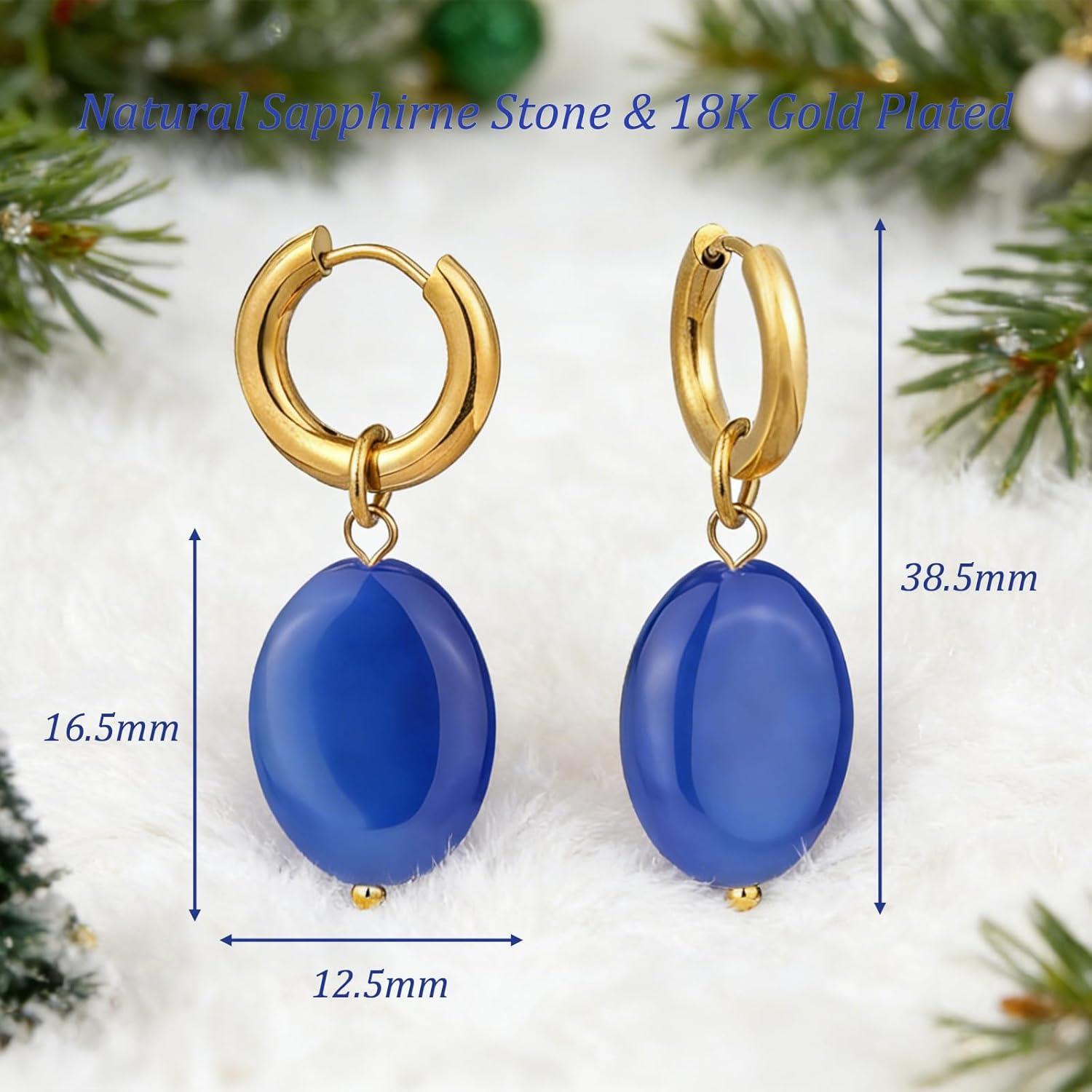 Natural Crystal Healing Stone Earring 18k Real Gold Plated Huggie Hoop Earring Oval Birthstone Gemstone Drop Earrings Jewelry Gift for Women