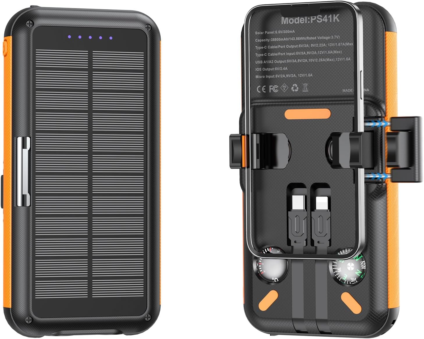 Power Bank Solar Charger 38800mAh with Built-in Cable, 22.5W Fast Charging