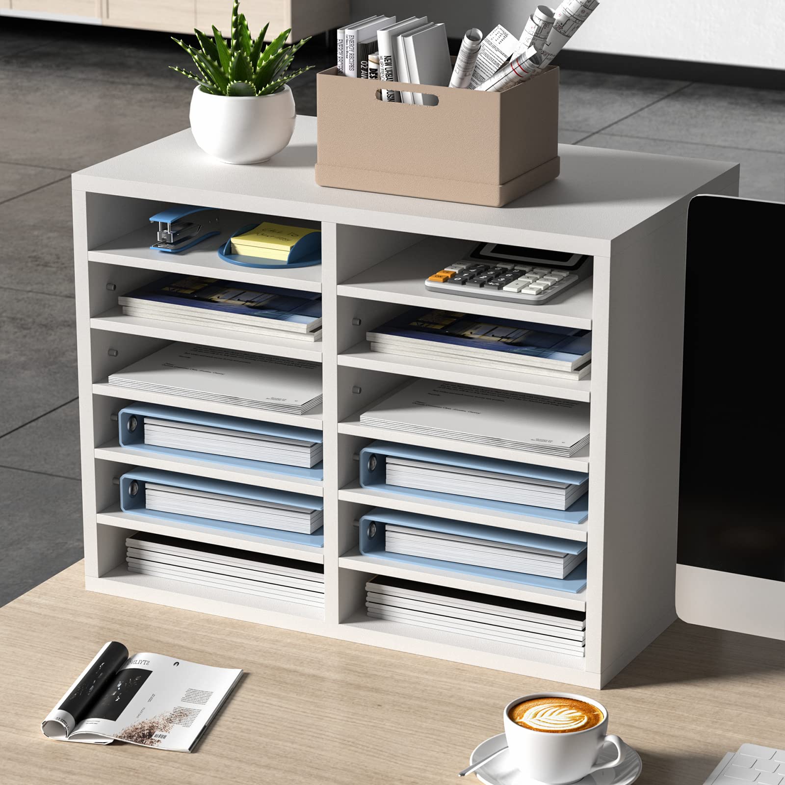 VEVOR Organizador de Literatura de madera Aglomerado Estante de Almacenamiento de Documentos de 12 Compartimentos 52x30,5x41 cm Clasificador de Literatura con Estantes Ajustables para Oficina, Blanco