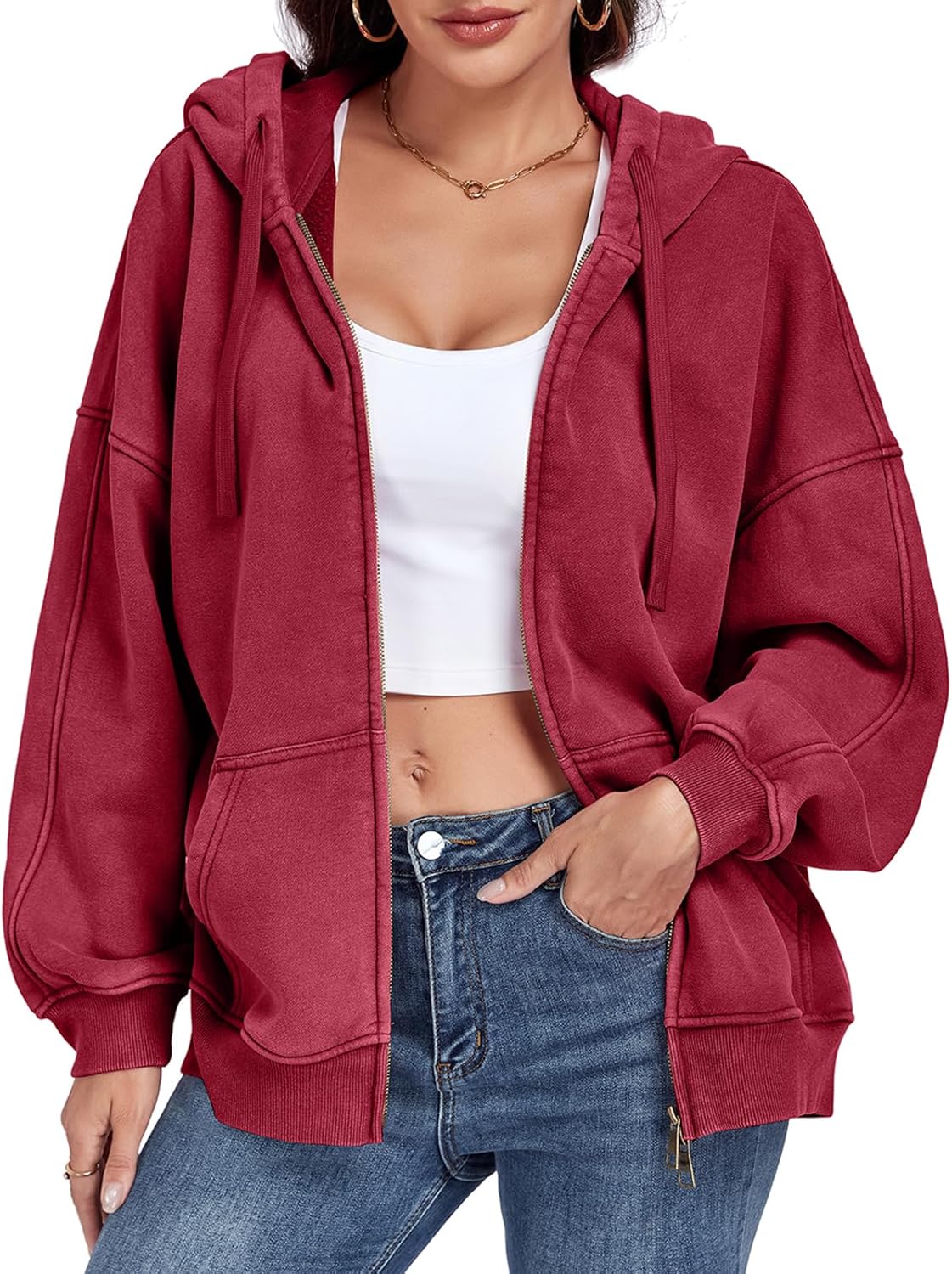 WOWULOVELY Womens and Mens Zip Up Hoodies Acid Wash Long Sleeve Oversized Sweatshirts Distressed Fleece Jacket with Pockets - Image 5