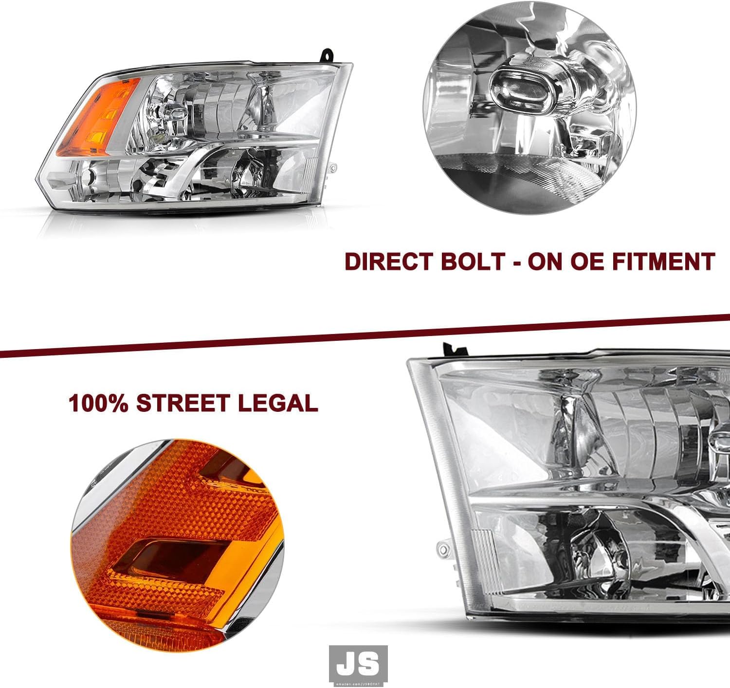 JSBOYAT Headlight Assembly Replacement for 2009-2018 Dodge Ram 1500 Quad 2010-2018 Dodge Ram 2500 3500 Pickup Driver Passenger Side, Only for Quad Models (Chrome Housing with Amber Reflector)