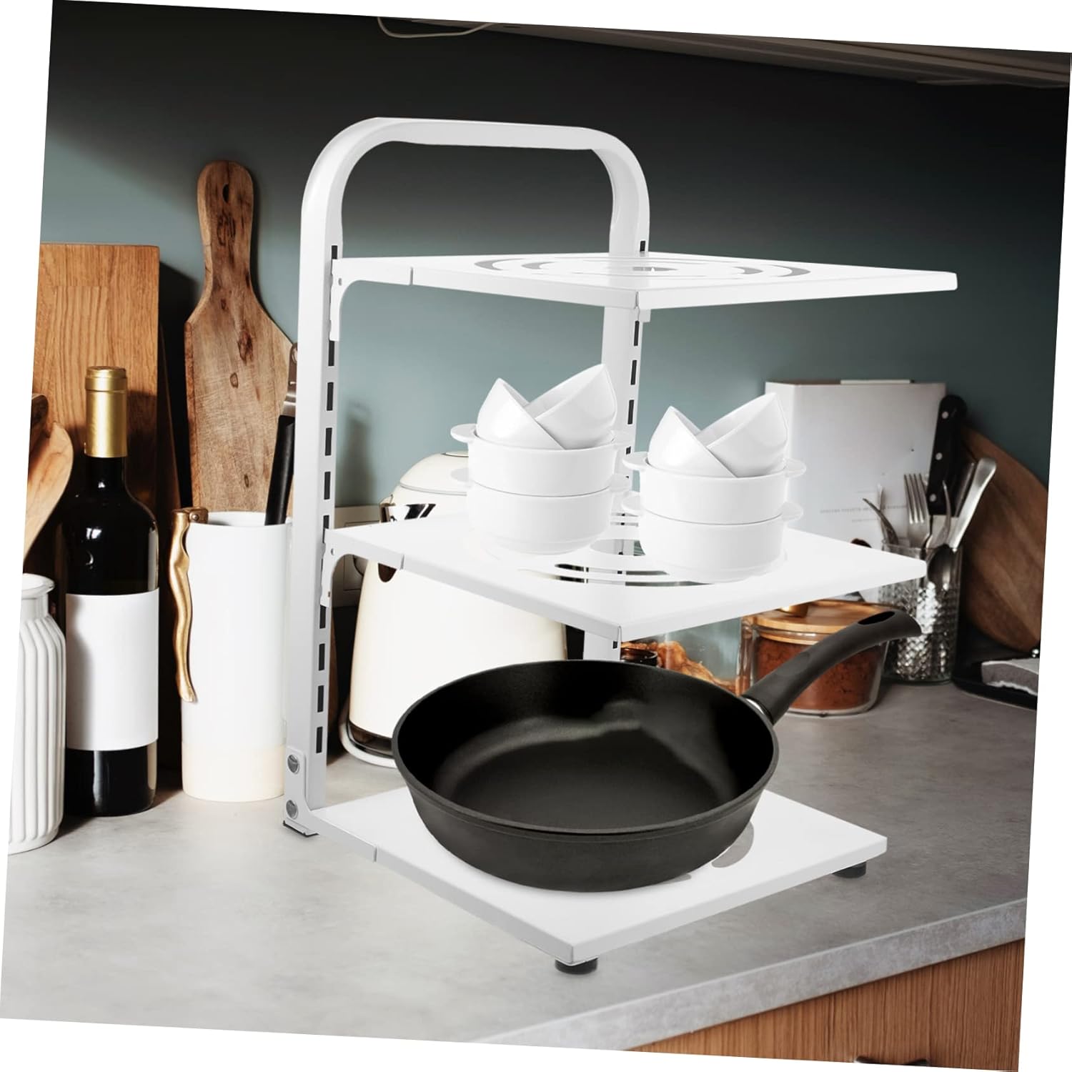 Adjustable 3-Tier Pot Rack for Kitchen Carbon Steel Multi-Function Pan Organizer Foldable Design for Cabinet Under Sink Convenient Storage for Household Use