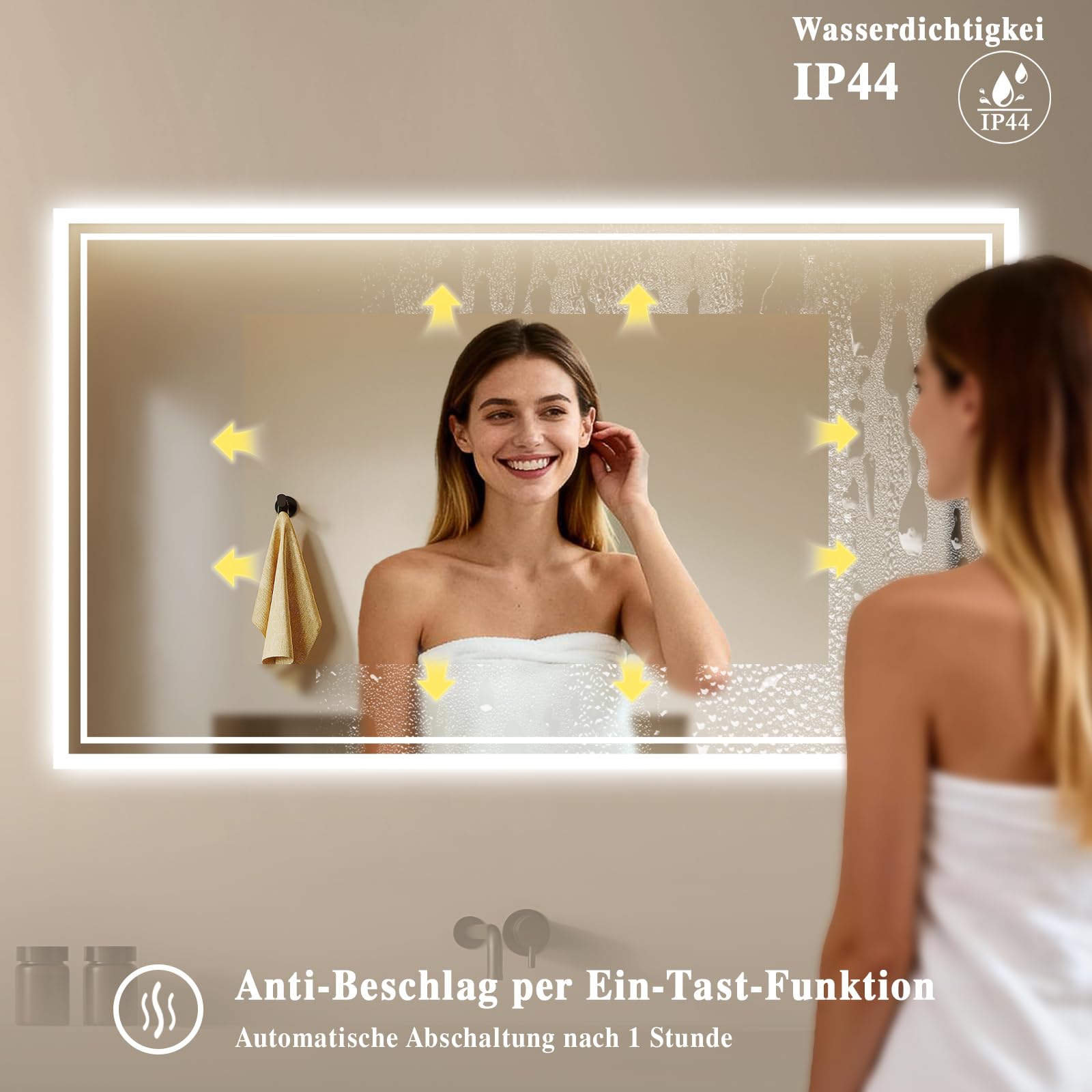 Badspiegel-mit-Beleuchtung 100x70cm - Badezimmer Spiegel mit Beschlagfrei - LED Badezimmerspiegel mit Touch-Schalter,Dimmbar,3 Lichtfarben Wandspiegel Horizontal/Vertikal