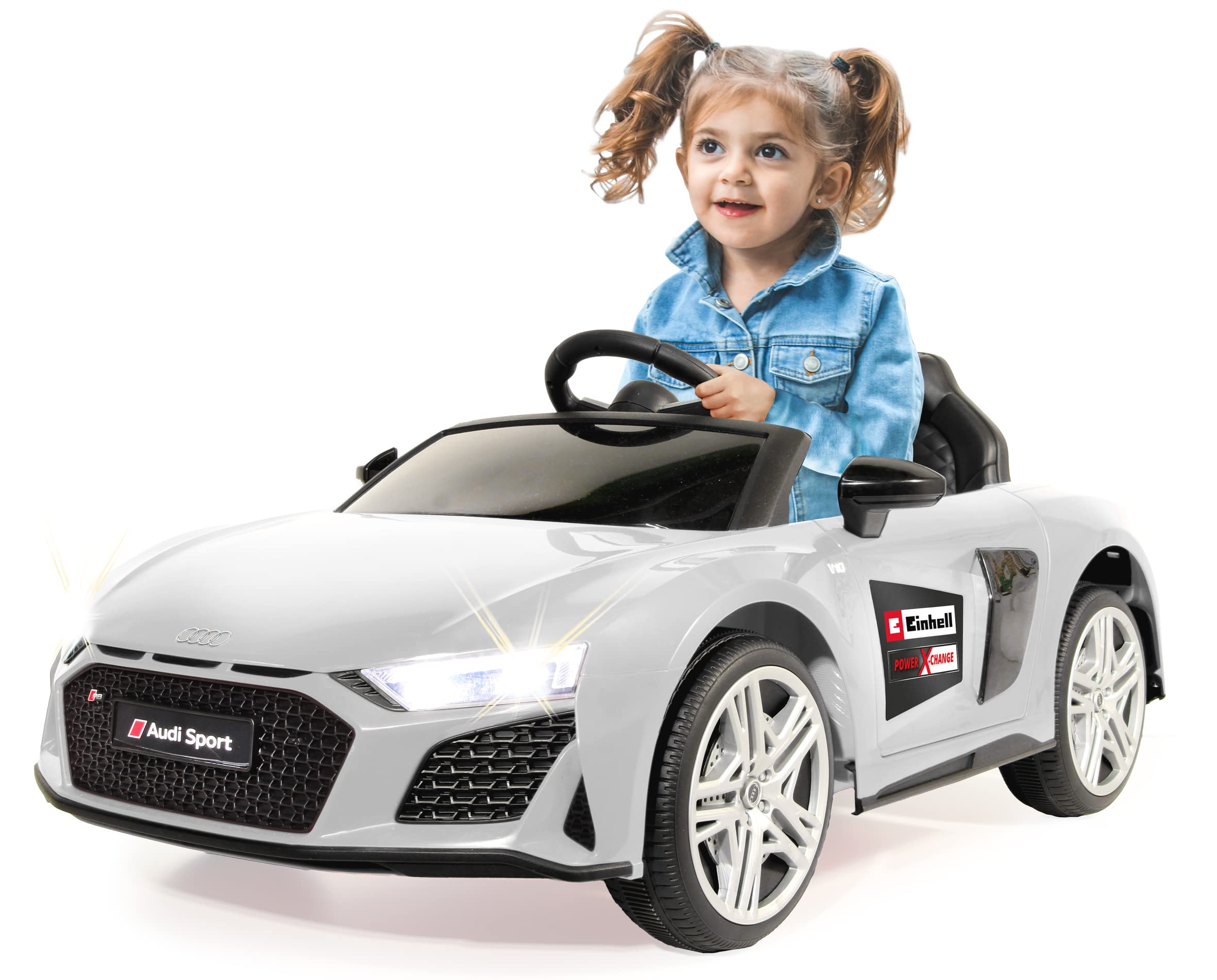 Jamara 460914 -Ride-on Audi R8 Bianco 18V Versione Einhell - Licenza Ufficiale, Suoni, Musica, Luci, 2 Ruote Motrici, Sistema di Batterie con Cambio Rapido