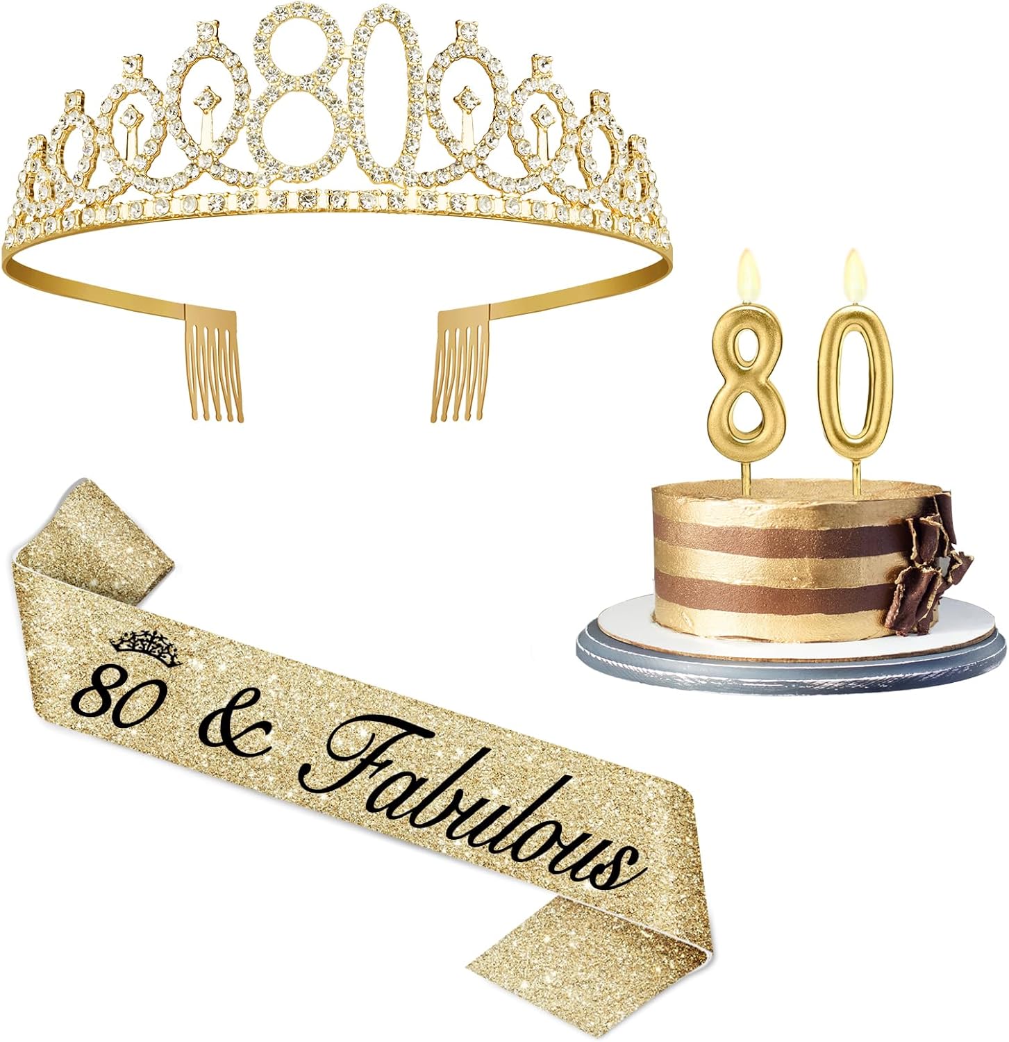 80th Birthday Decorations for Women Gold with Sash and Tiara, Gold Number Candles, 80th Birthday Gifts for Women