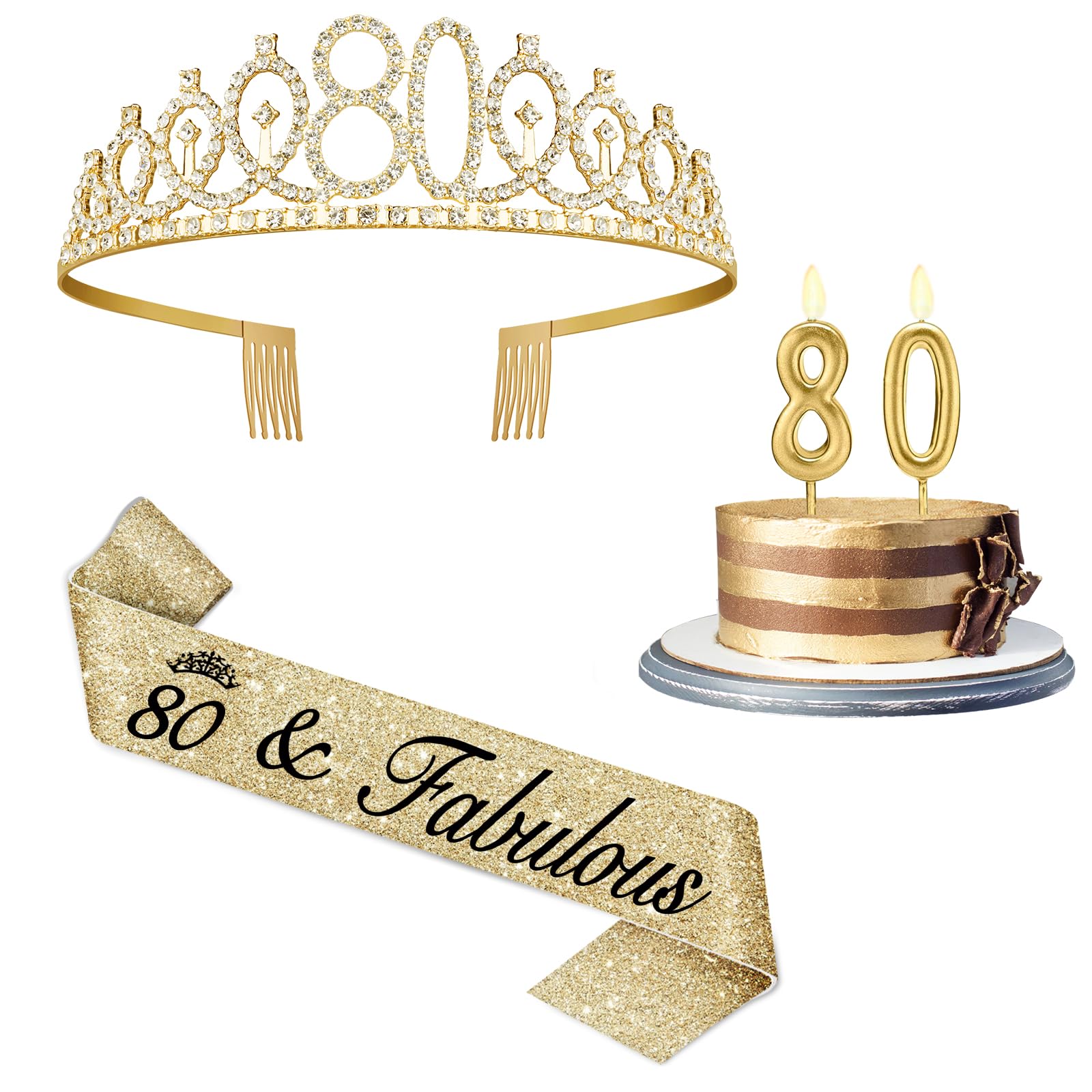 80th Birthday Decorations for Women with 80th Birthday Sash and Crown, Gold Number 80 Candles, 80 Year Old Gifts for Women