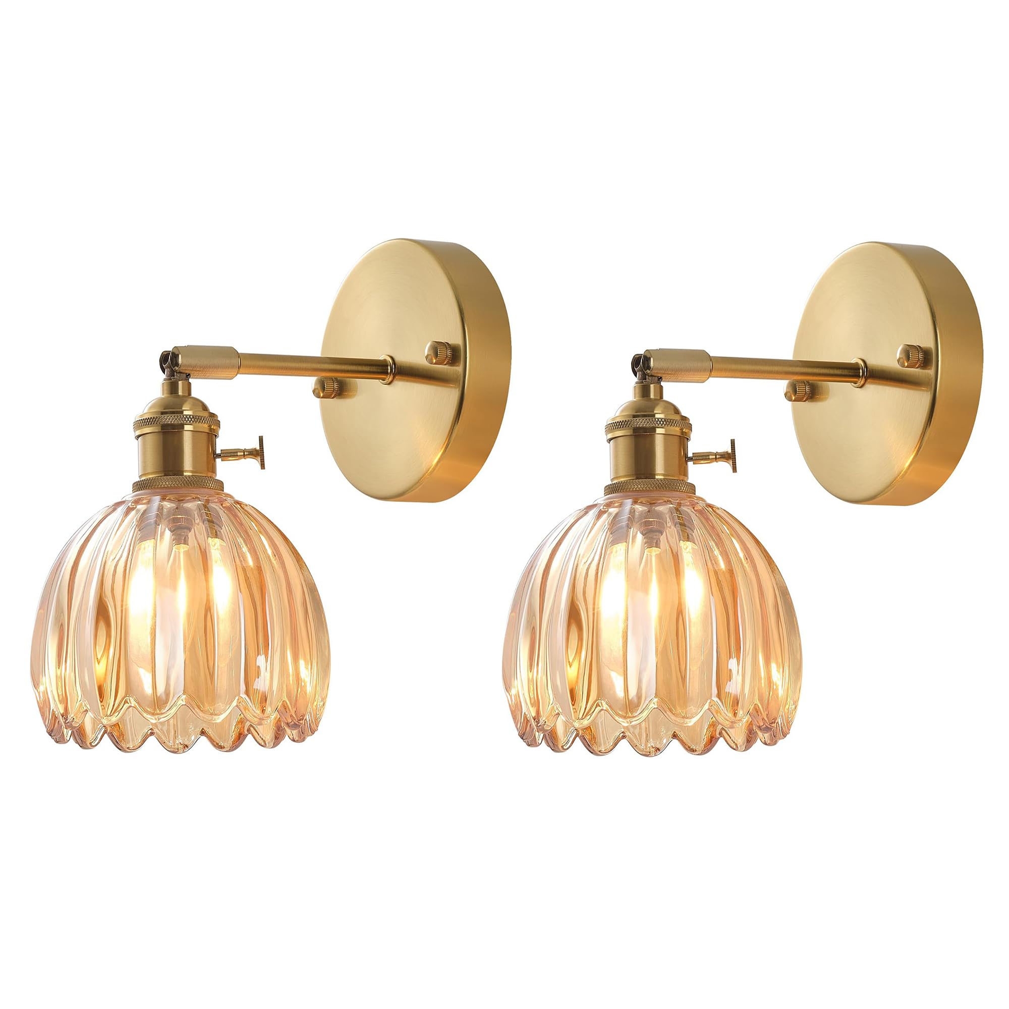 EKSED Vintage Glass Wall Light with E27 Socket and Rotary Switch, Decorative Wall Sconce with Petal-Shaped Shade for Bedroom, Hallway, or Living Room (Amber, 2-Pack)