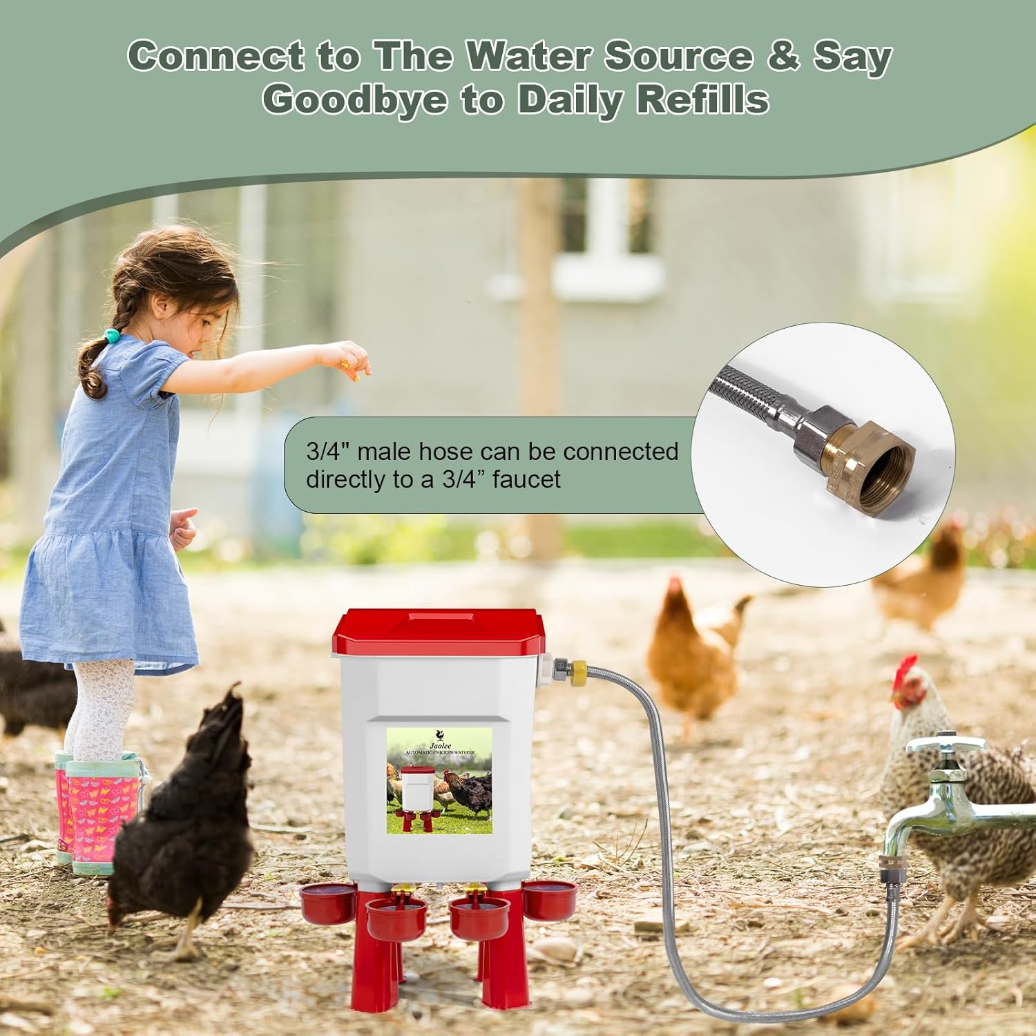 Automatic Chicken Waterer, Float-Controlled Chicken Water Feeder, Large Watering System with 60 Inch Water Hose (One End 3/4''), Poultry Waterer for Duck Quail Turkey Chick (2 Gallons, Red)