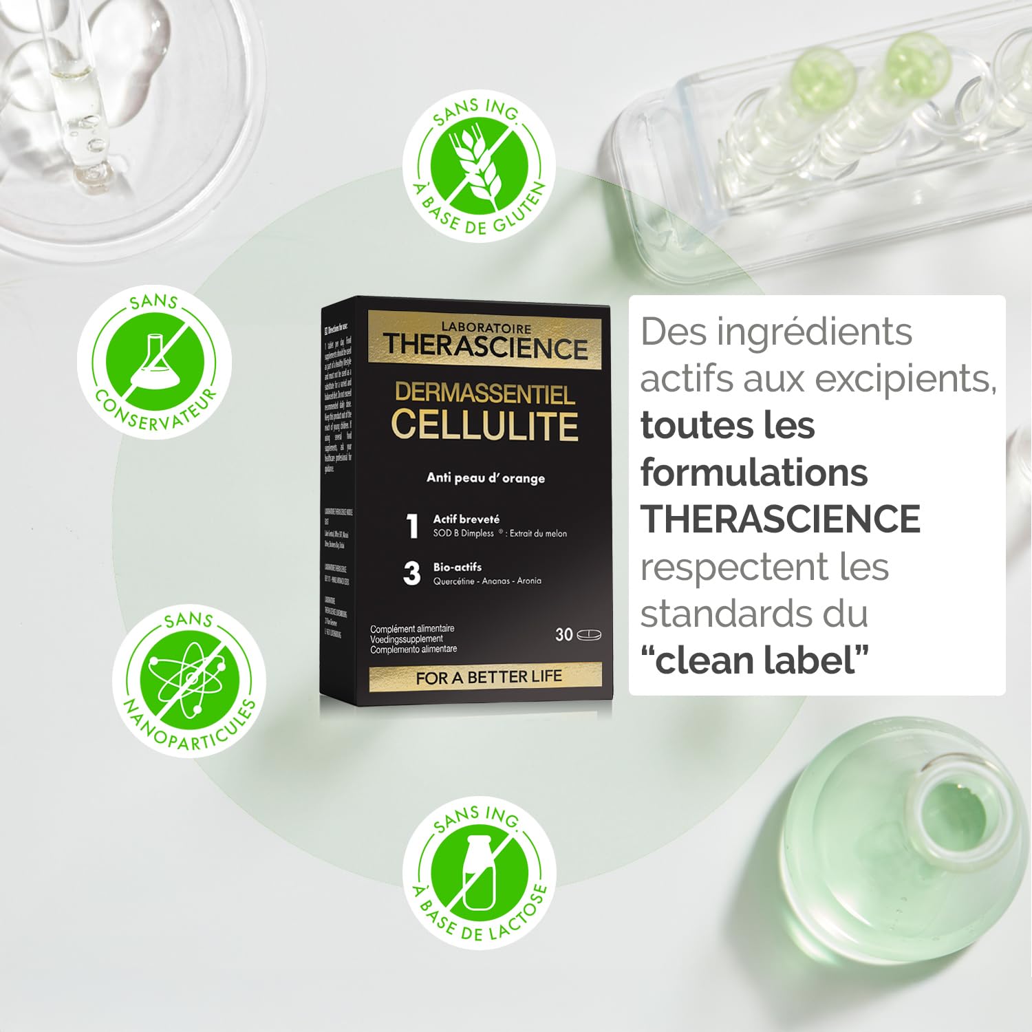 THERASCIENCE DERMASSENTIEL CELLULITE 30 comprimés Action anti-capitons Superoxyde Dismutase de Melon Quercétine Bromélaïne Aronia