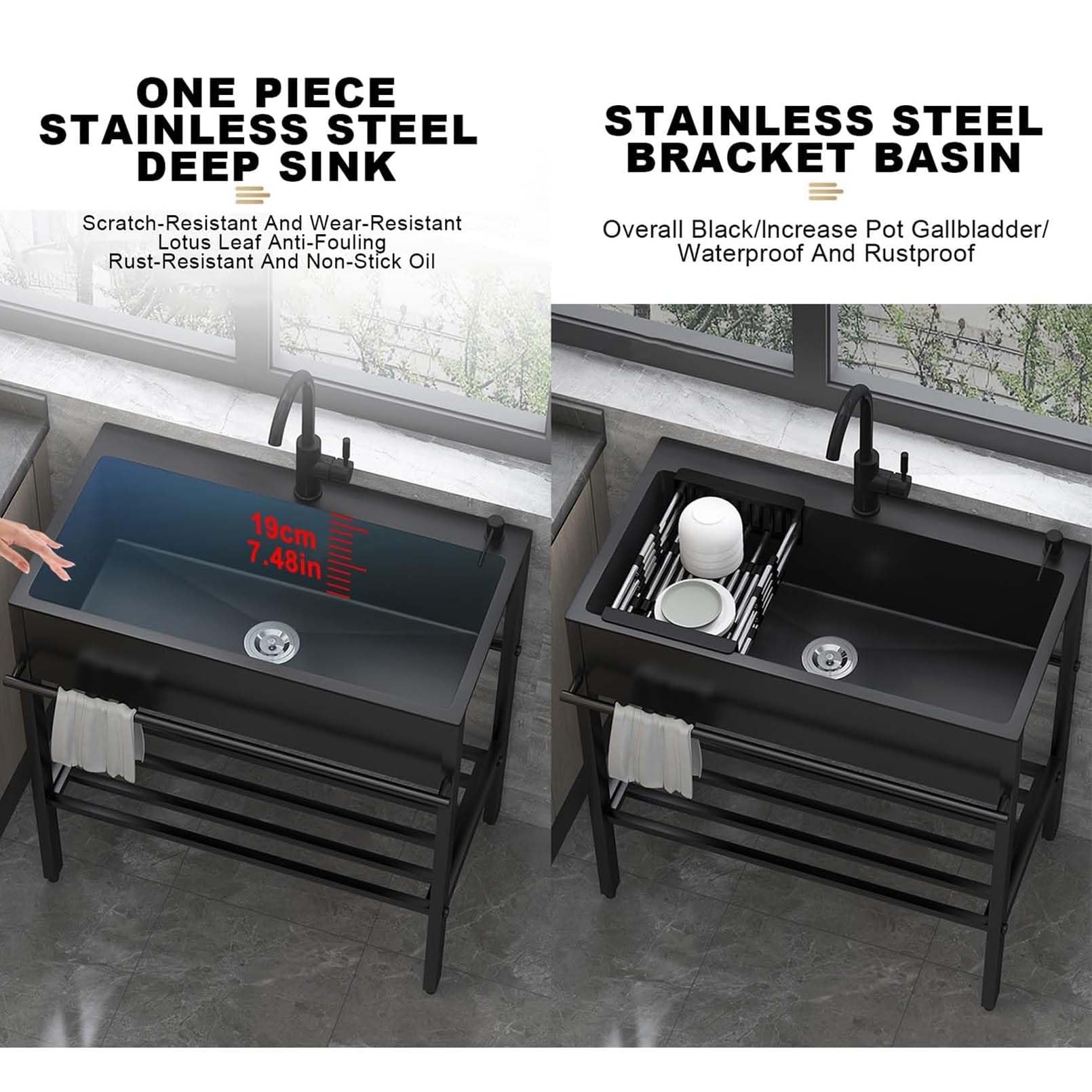 Lavello Cucina 1 Vasca 80cmx45cmx85cm Lavandino da Esterno con Supporto Lavabo in Acciaio Inox con Rubinetto Lavandino Commerciale per Garage,Ristorante,Lavatoio Lavanderia Giardino