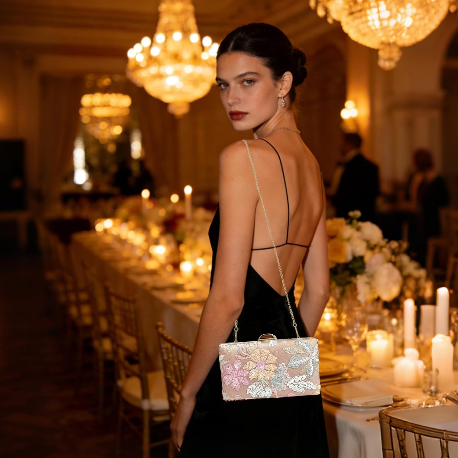 Women's Beaded Sequin Flower Clutch Purse Floral Embroidery Evening Bag For Formal Wedding Cocktail Party