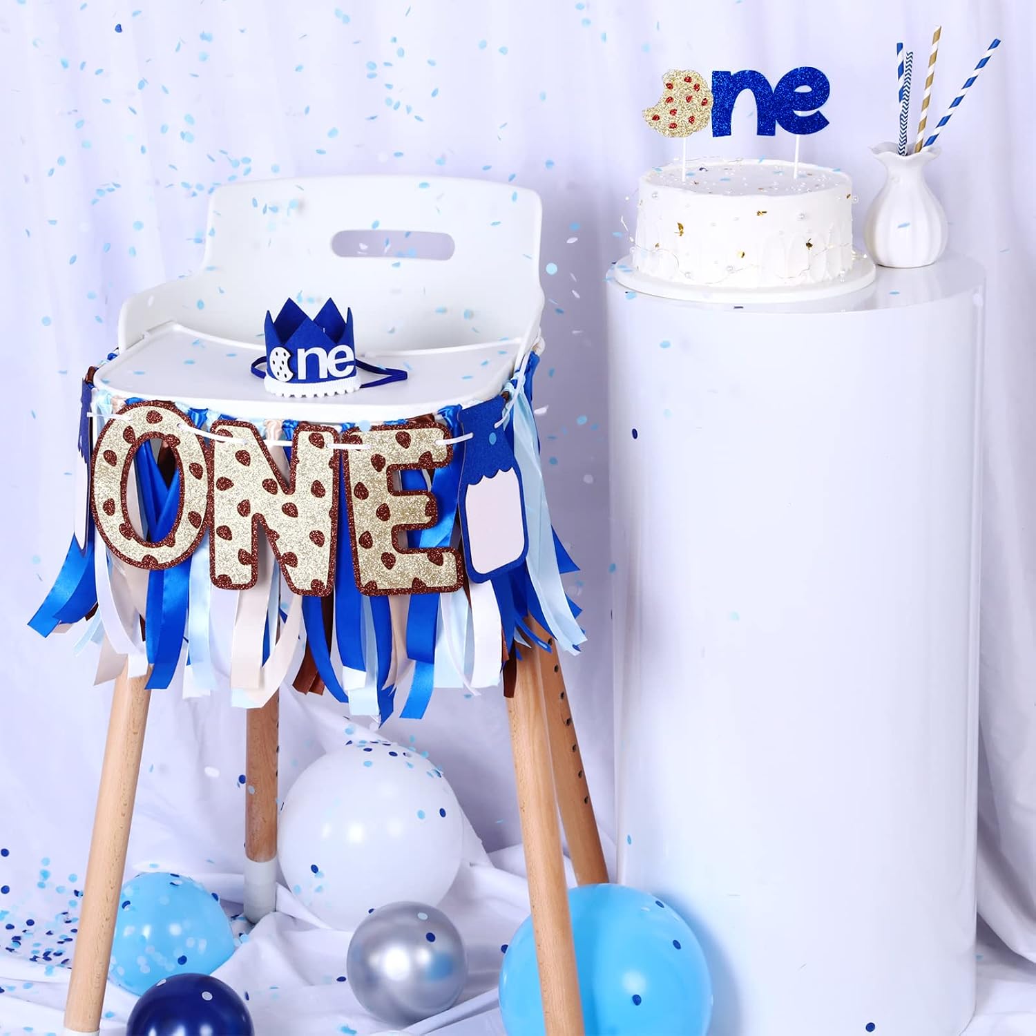 Milk and Cookies 1st Birthday Party Decorations for Boy - Milk and Cookie High Chair Banner, One Cake Topper and Crown, 3 in 1 Dark Blue 1st Birthday Decorations Set
