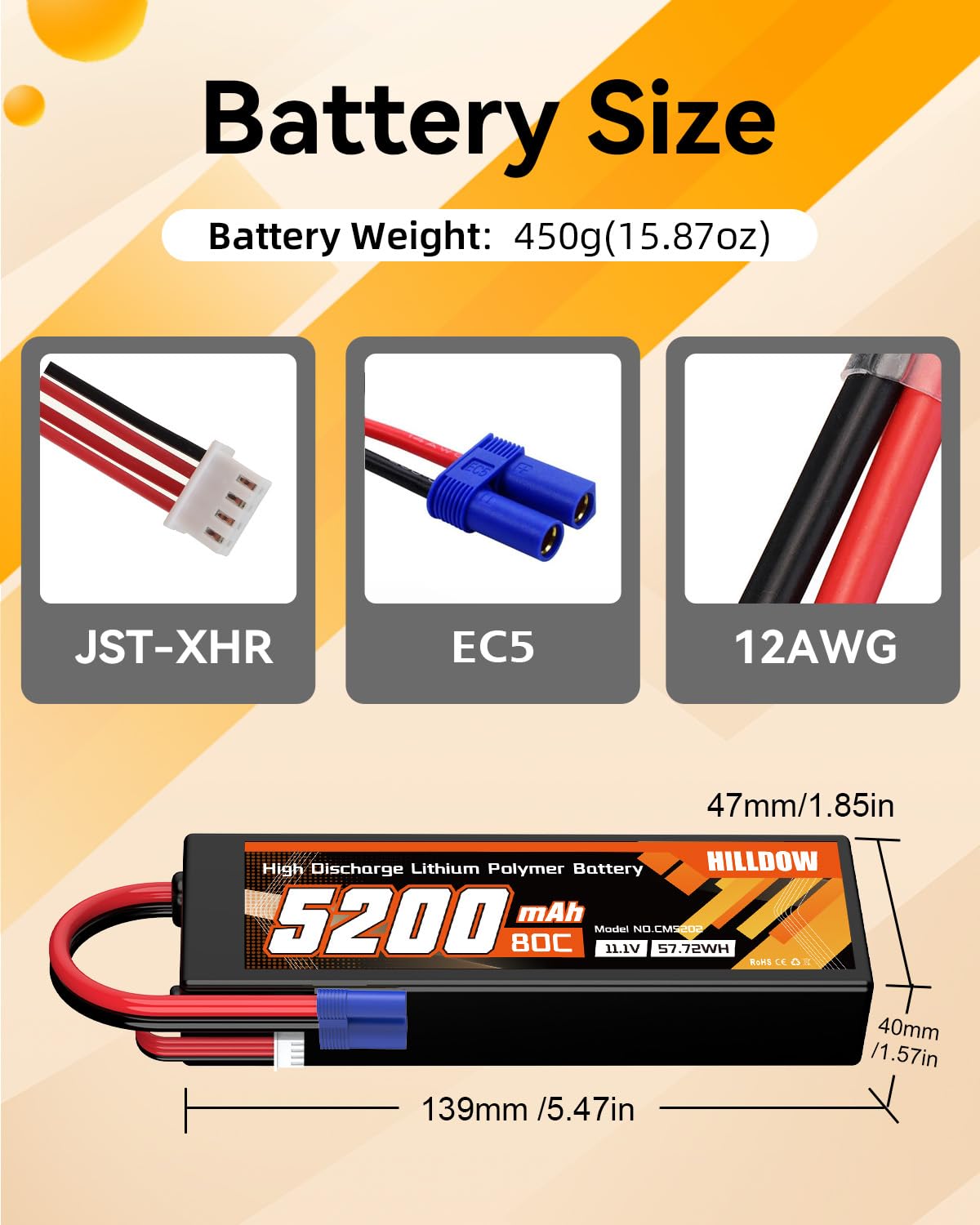 Hilldow 5200mAh 11.1V RC Battery 80C 3S Lipo Battery with EC5 Hard Case for RC Vehicles Car Buggy Truggy Airplane Drone((2 Paquetes)