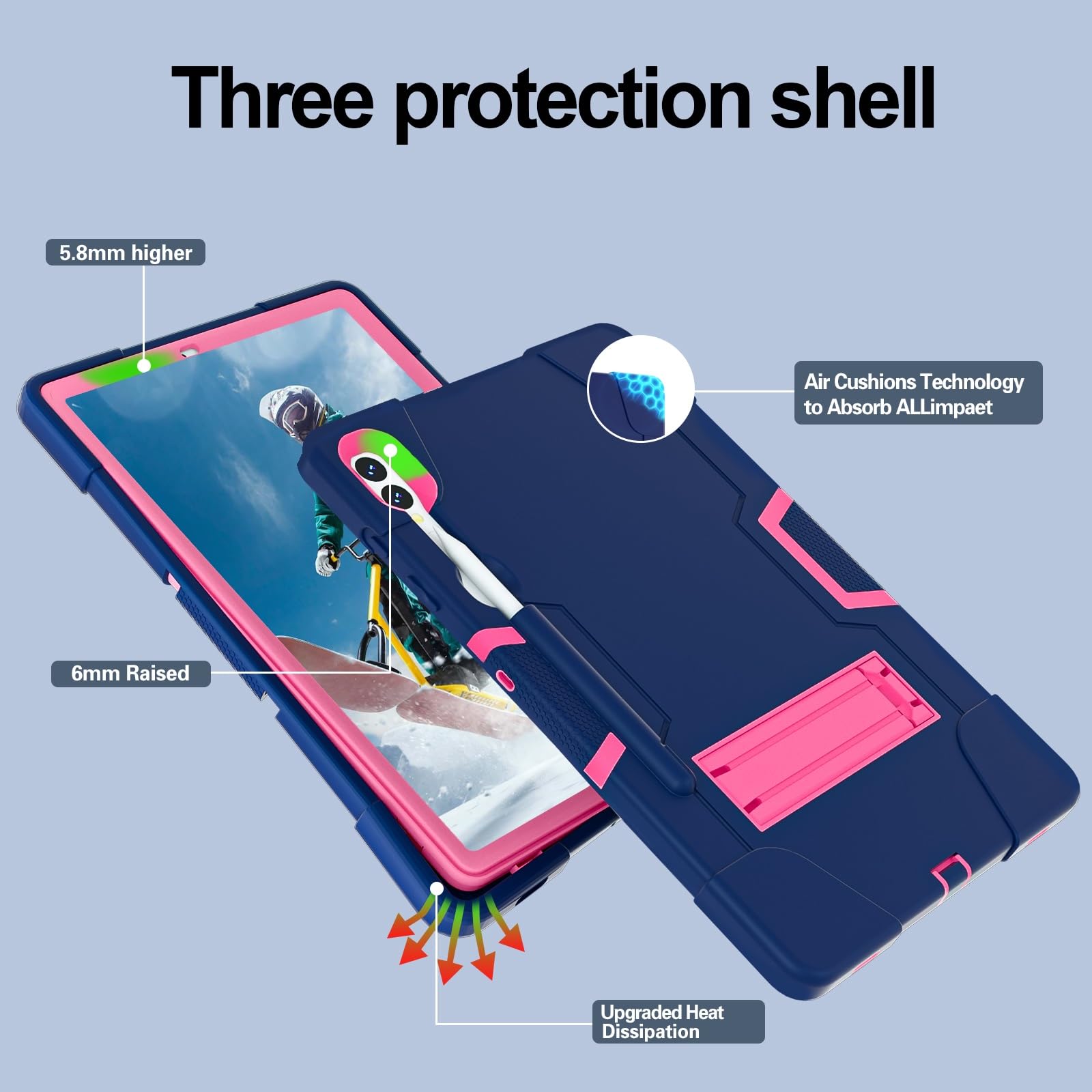 Etui do Samsung Galaxy Tab S9 Plus/Tab FE Plus SM-X810/X818U 31.5 cm (2023), silikonowe etui na tablet z podpórką, wytrzymałe, odporne na wstrząsy, wytrzymałe etui ochronne (granatowe + różowe