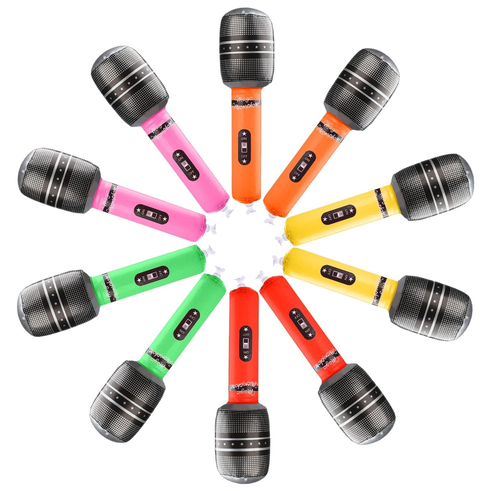 BLMHTWO 10 PCS Inflatable Microphones Blow up Microphone Toy Assorted Colors, Rock Star Inflatable Microphone Props for 80s 90s Musical Concert Themed