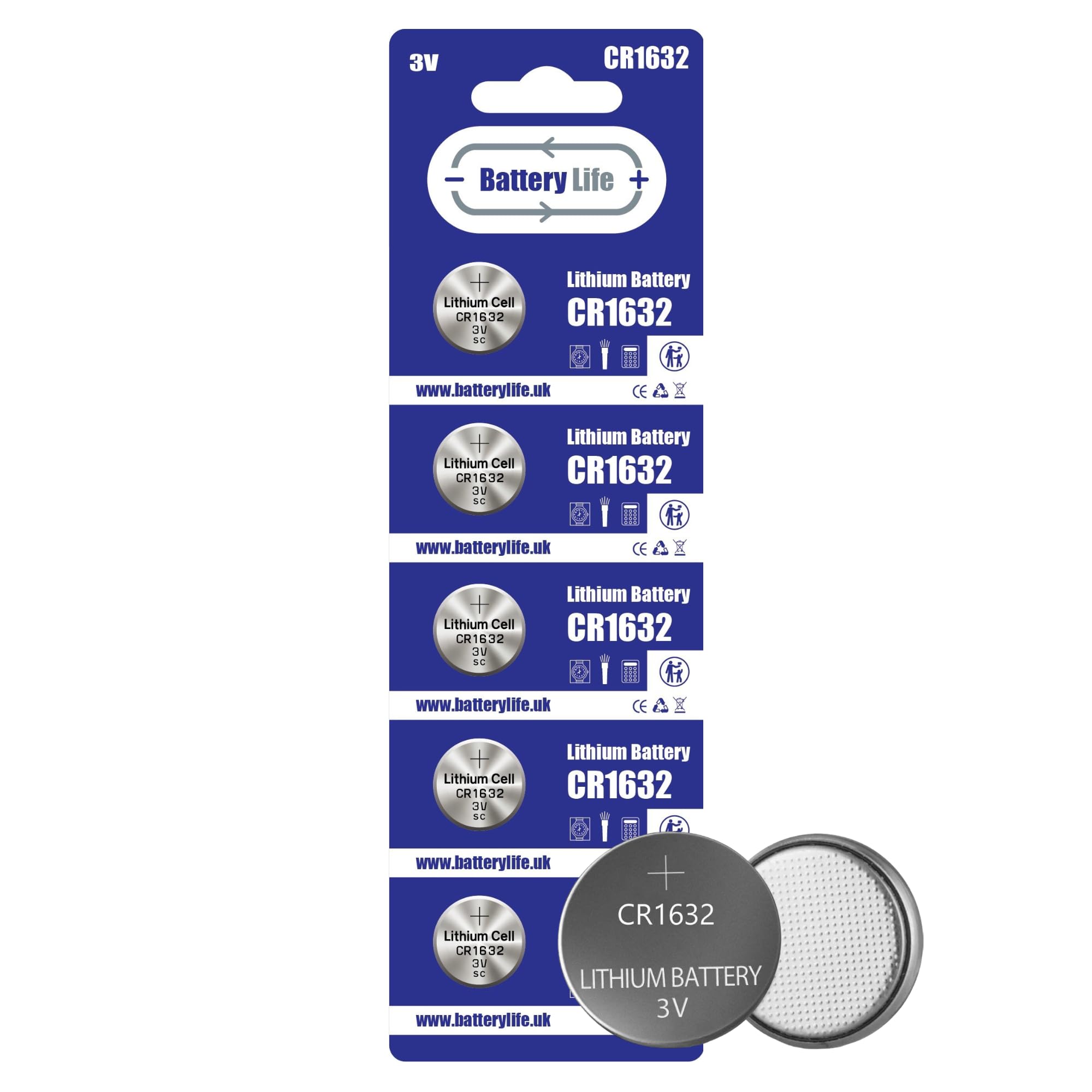 Battery Life CR1632 Batteries (5 pack) 3V Lithium DL1632 ECR1632 BR1632 Long Life UK Brand (5 pack)