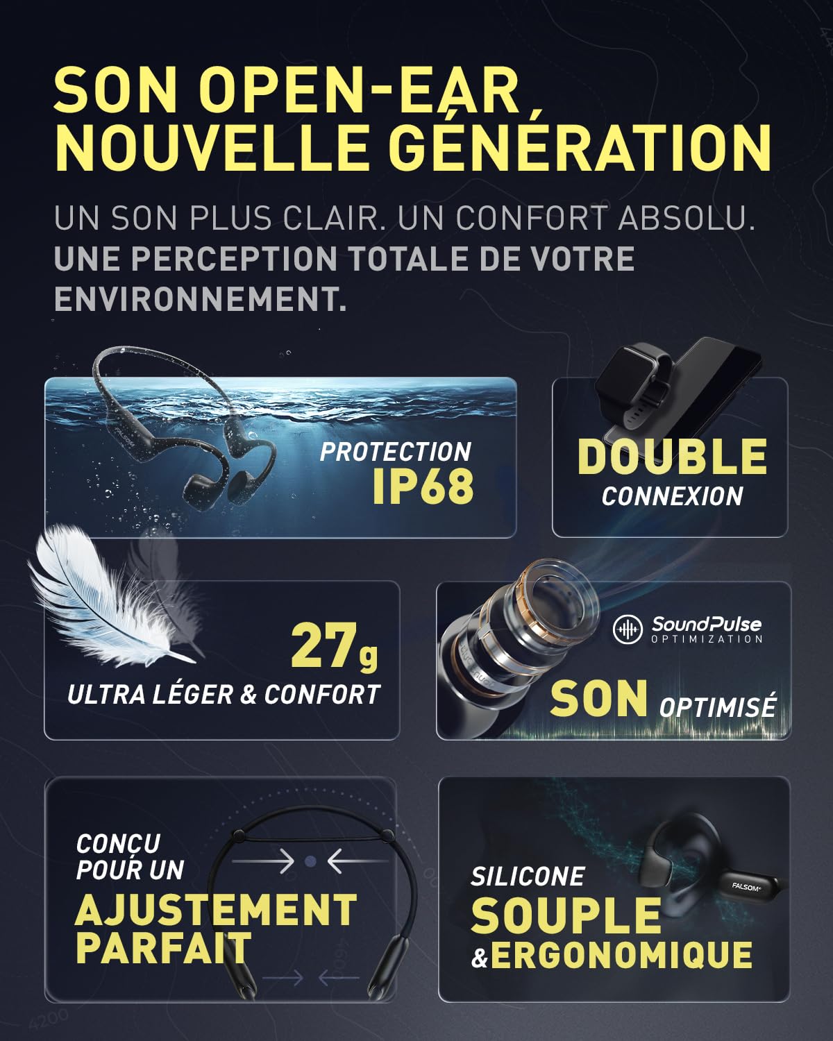 NexOne Pro, Casque à Conduction osseuse, IP68 Étanche, MP3 32 Go, 10 h d’Autonomie, Écouteurs sans Fil Bluetooth 6.0, Charge Rapide, Appels Clairs, Marque Française Premium, Très Polyvalent