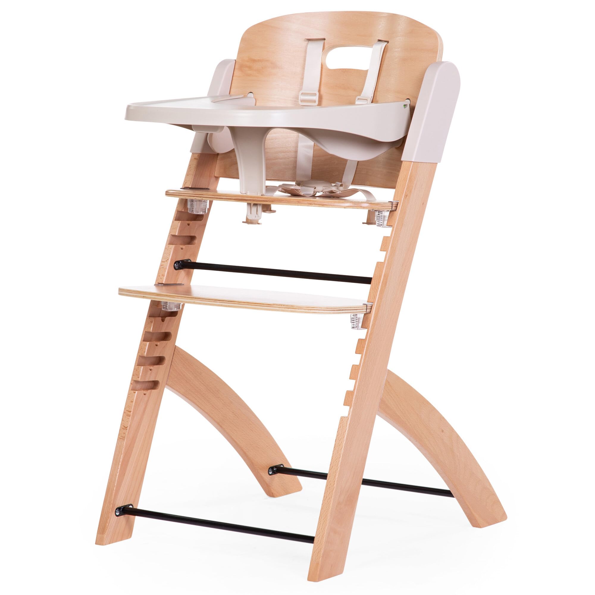 CHILDHOME, Chaise Haute Bebe Evolutive : De 0 mois à 85KG, Tablette Incluse, Bois de Hêtre, Arceau, Sécuritaire Harnais 5 points, Vis Invisibles, Evosit Naturel Beige