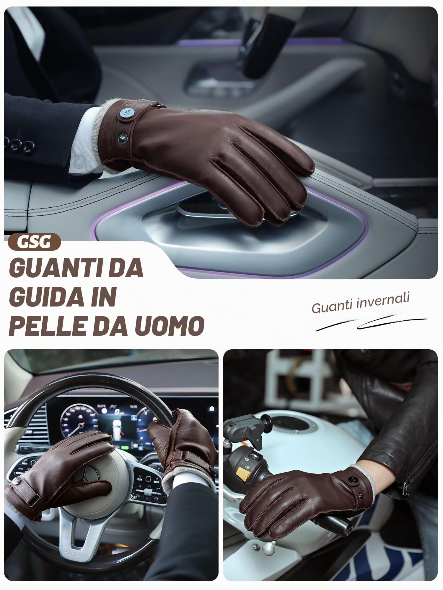 GSG SINCE 1998 Guanti Pelle Uomo – Guanti da Guida in Pelle Vera, Compatibili Touchscreen, Pelle di Pecora, Foderati in Lana, Caldi Invernali per Freddo, M1086