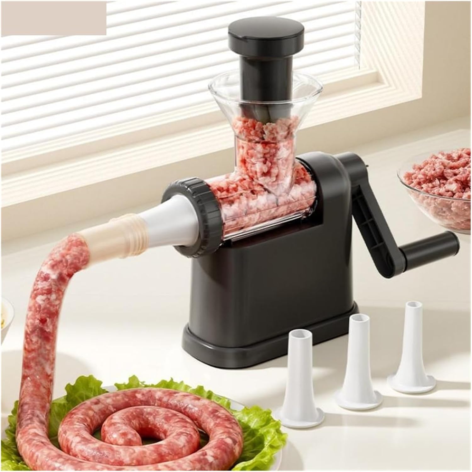 Manual Meat Grinder & Sausage Stuffer - Multifunctional Hand Crank Mincer For Homemade Sausages & Meatballs(White)