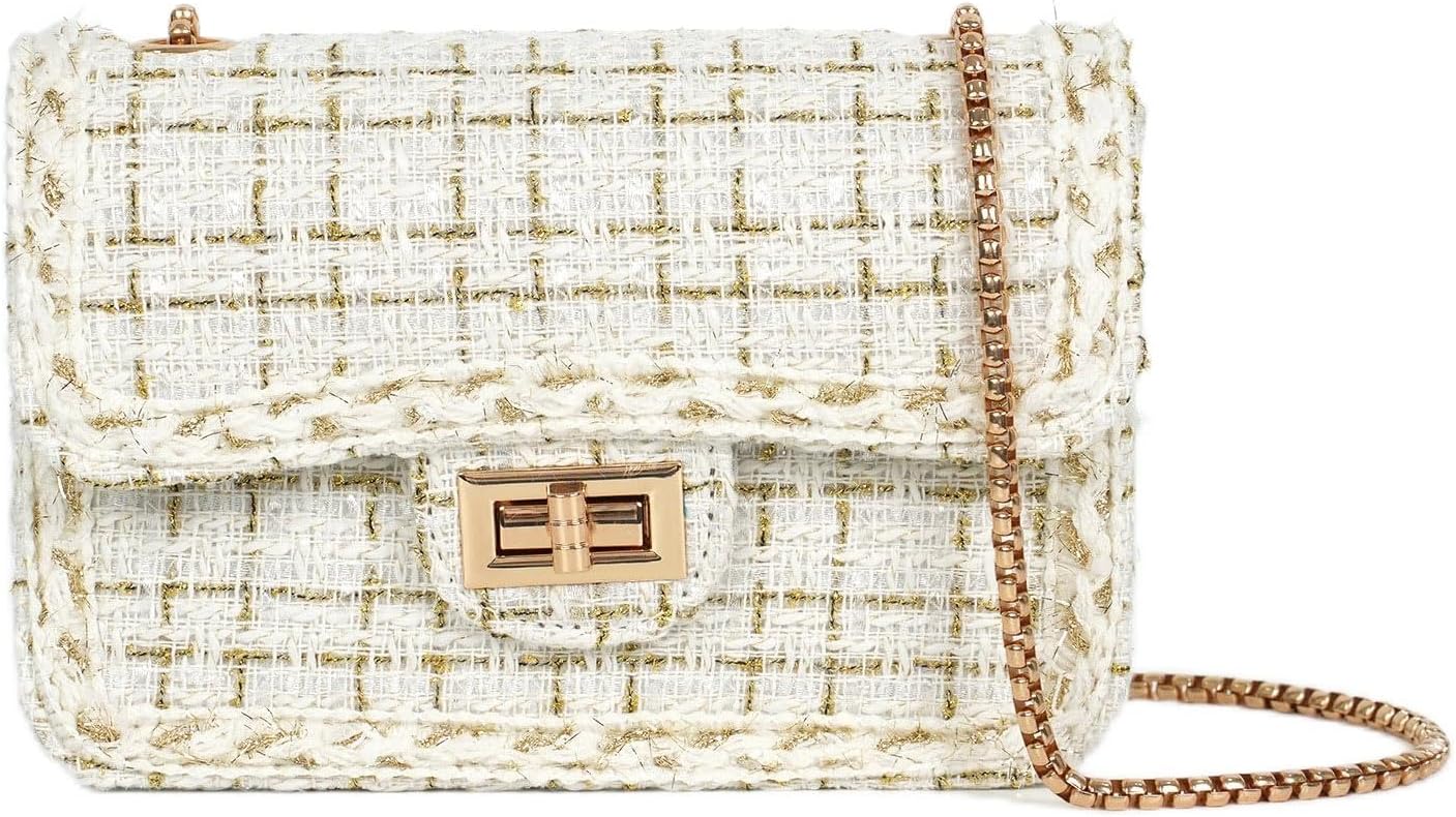 Designer Shoulder Bag for Women Trendy Mini Clutch Evening Bags Quilted Chain Cross body Bag, Tweed Purses for Women
