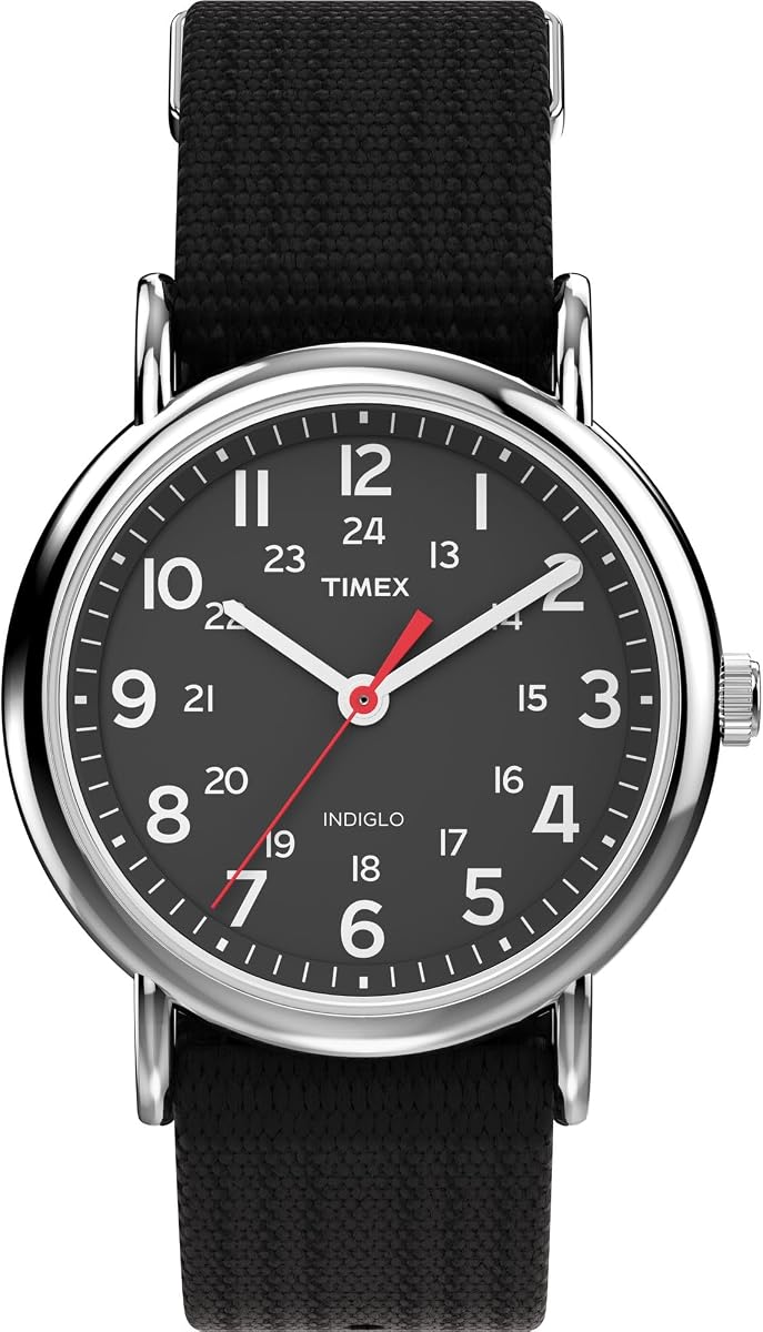 Reloj analógico unisex Weekender de 38 mm | Retroiluminación INDIGLO | Correa ajustable y duradera de tela de nailon | Horario de 24 horas