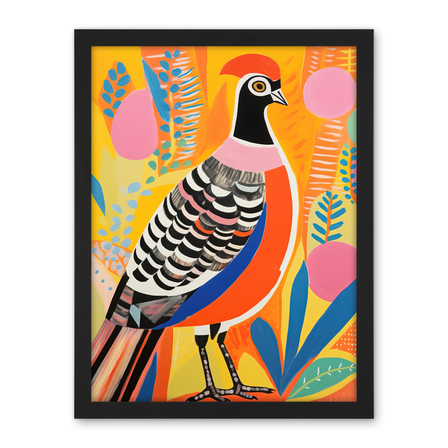 Artery8 Pleasant Pheasant Bright Bold Vibrant Colourful Grassland Acrylic Painting Artwork Orange Pink Blue Folk Art Artwork Framed Wall Art Print 18X24 Inch