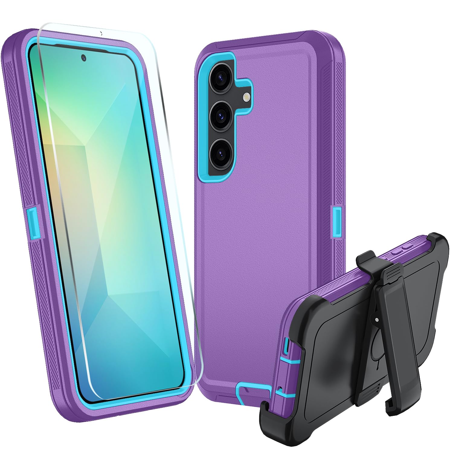 muitq for Samsung Galaxy S25 Case, S25 Heavy Duty case, [Belt Clip Holster] [Glass Screen Protector] [Military Grade Protective ] [Shockproof] [