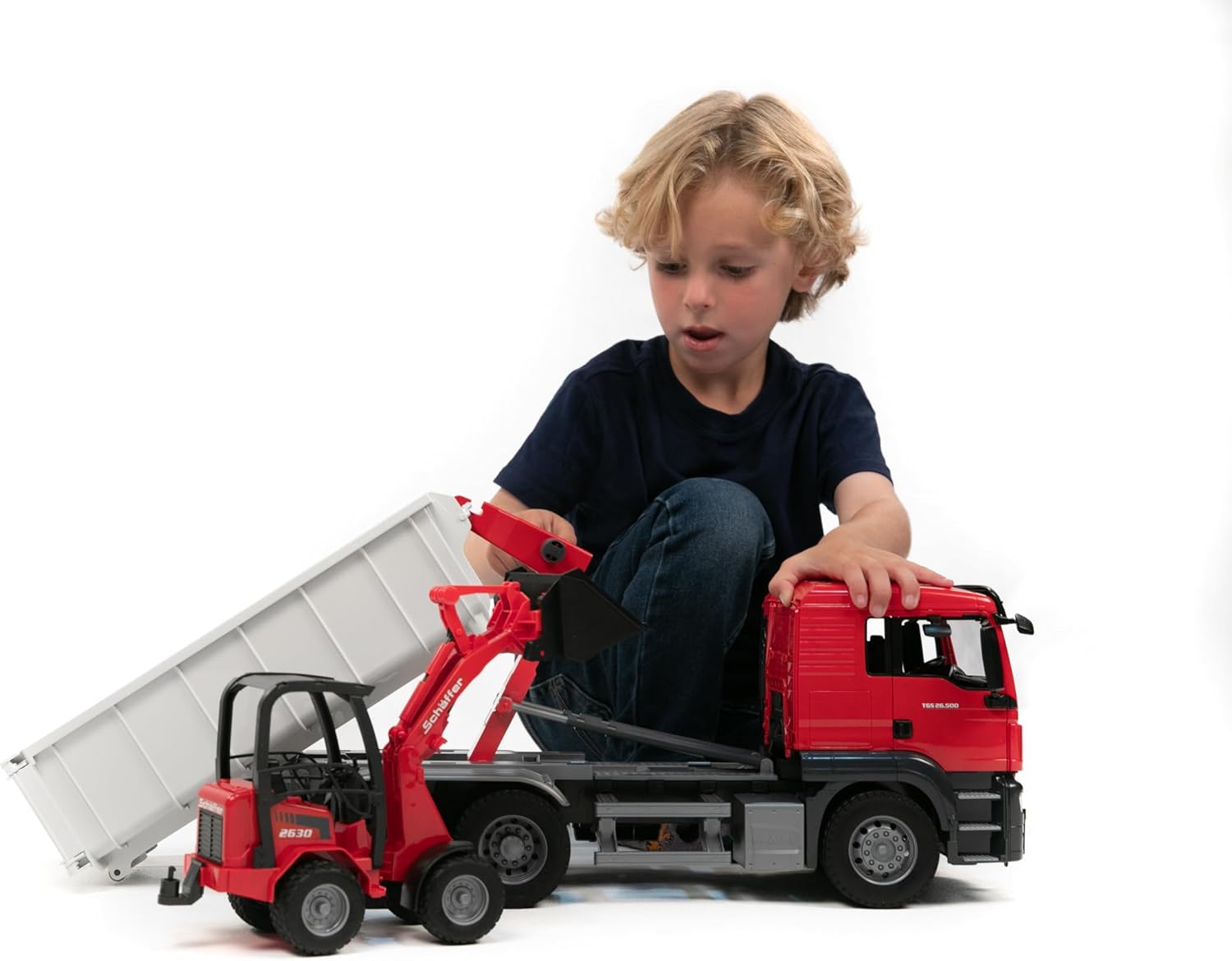 Bruder 03767 Man TGS Truck with Roll Off Container and Schäffer Compact Loader 2630