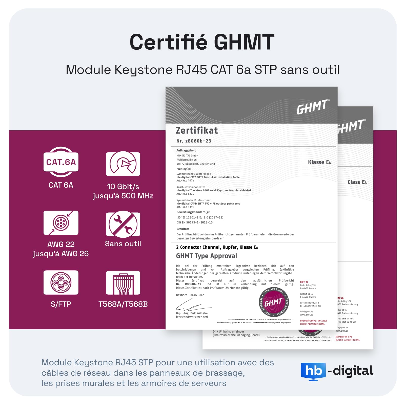 HB-DIGITAL 8x Module Keystone RJ45 CAT 6a Prise Réseau 10 Gbit/s STP Blindé AWG 22-24 Connexion LSA Sans Outil pour Câble Ethernet LAN, Panneau de Brassage et Prise Murale