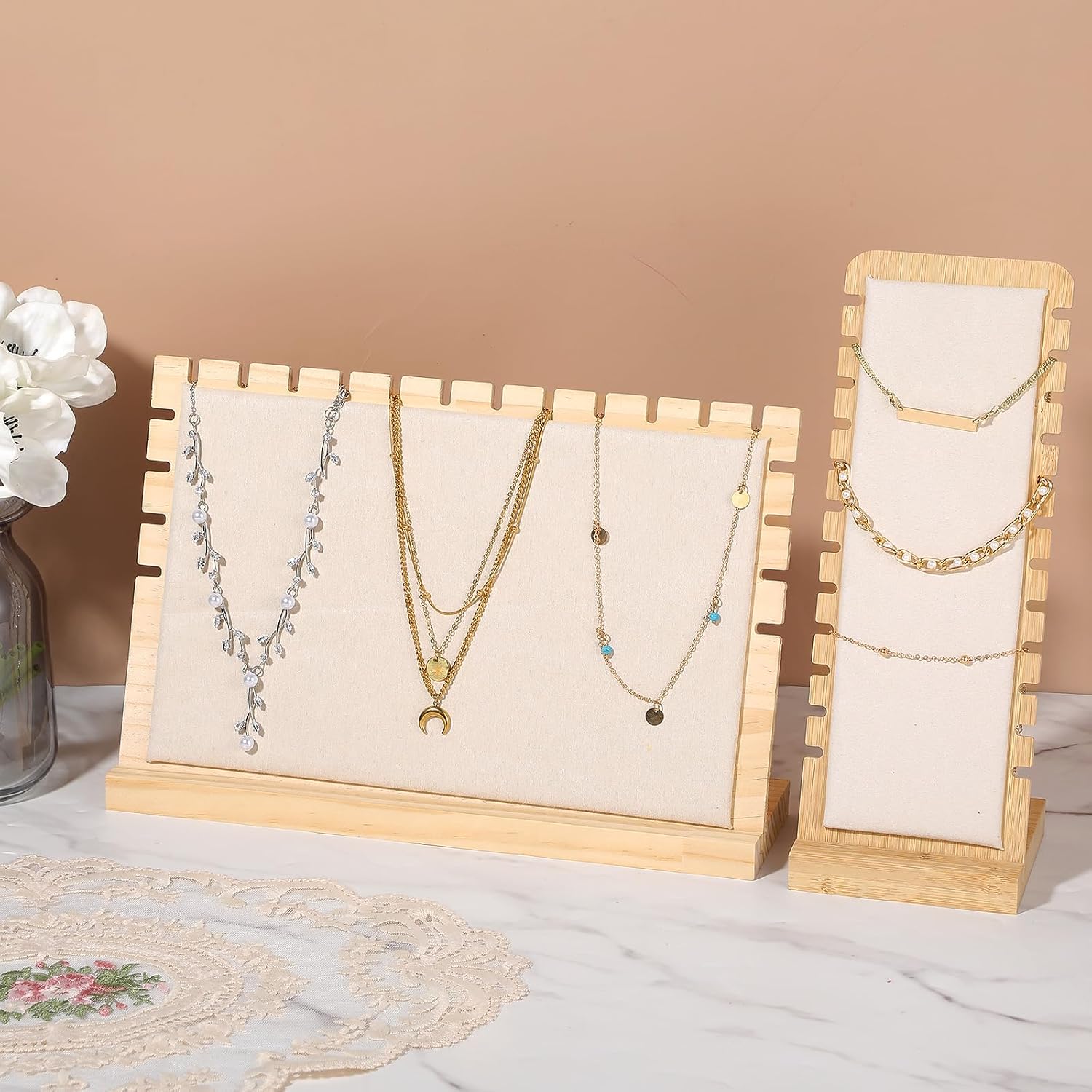 4PCS Bamboo Wood 12-Slot Necklace Display Stands with Beige Velvet, Permanent Jewelry Display for Vendors, Multi-Size Jewelry Display Organizer for Shop & Home Use (Natural Wood Color)